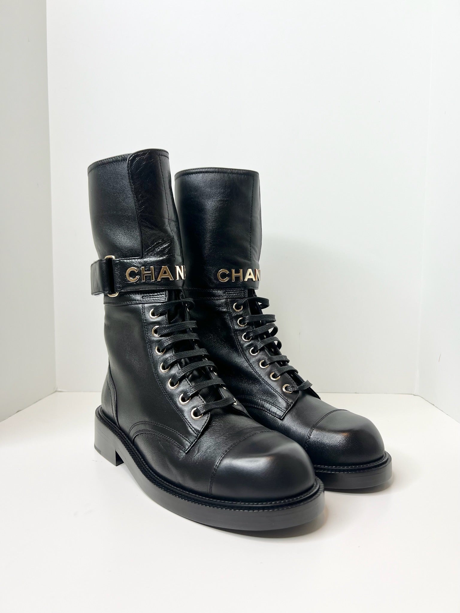 NWT Chanel Lambskin Calfskin Lace Up Combat Boots Black Size 37.5 MoMosCloset