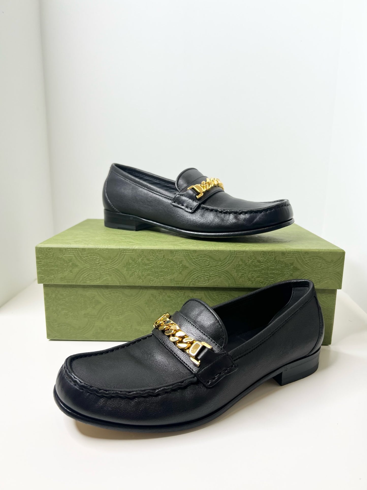 Gucci Sylvie Black Leather Loafers with Gold Chain, Size 37.5