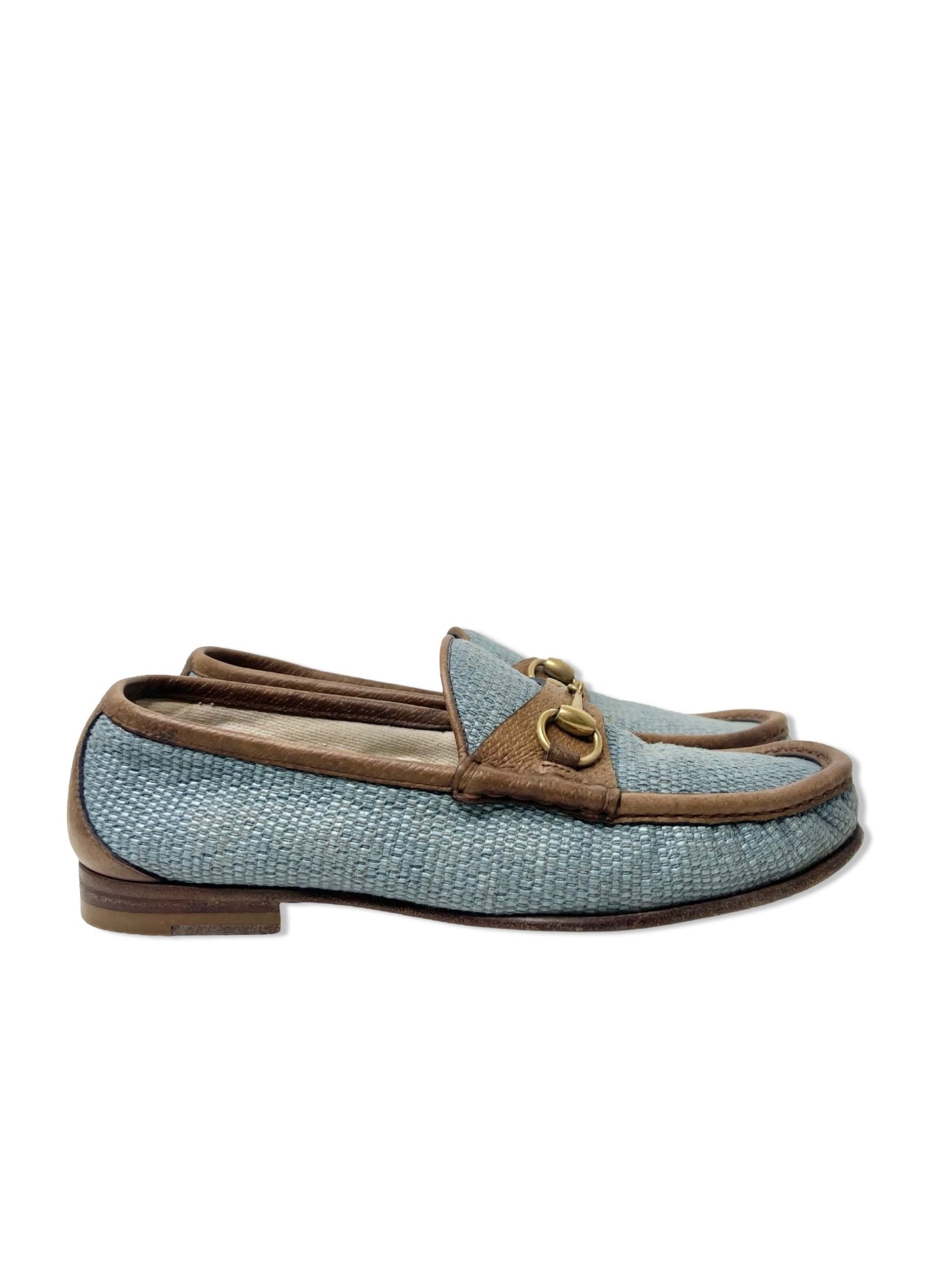 Gucci Horsebit Raffia Blue Loafers, Size 7