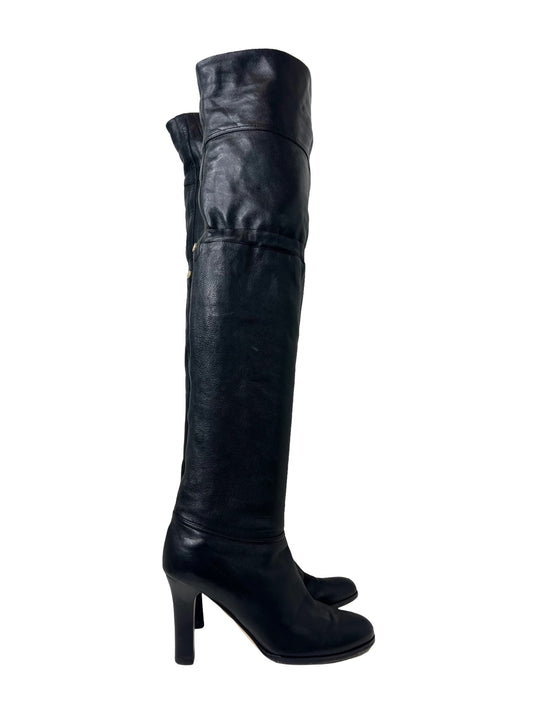 Jimmy Choo Black Leather Over-The-Knee Boots, Size 37