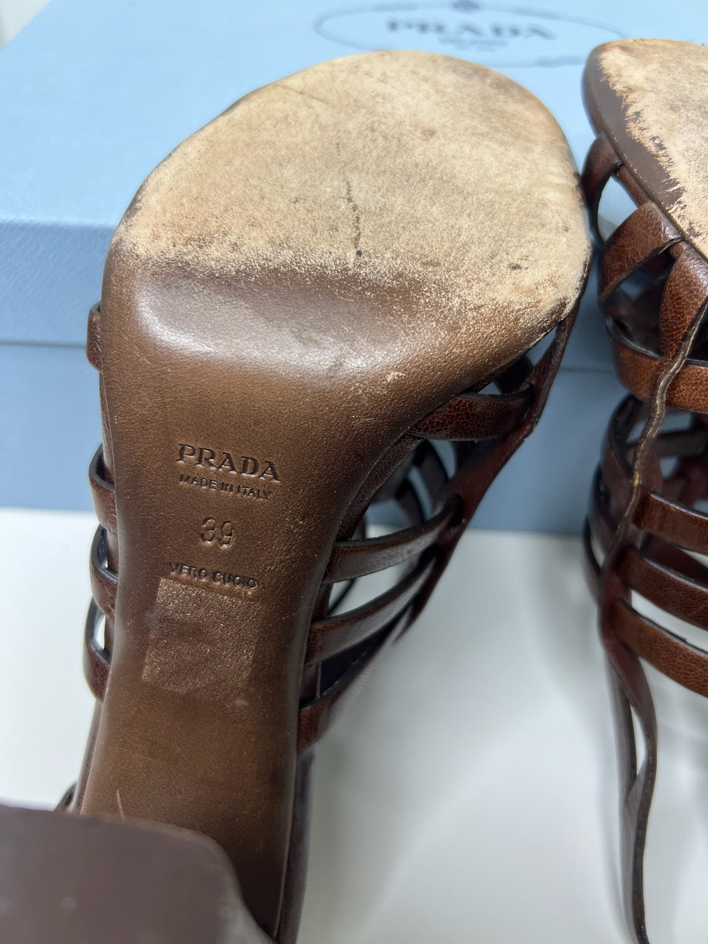 Prada Brown Leather Strappy Slingback Sandals, Size 39