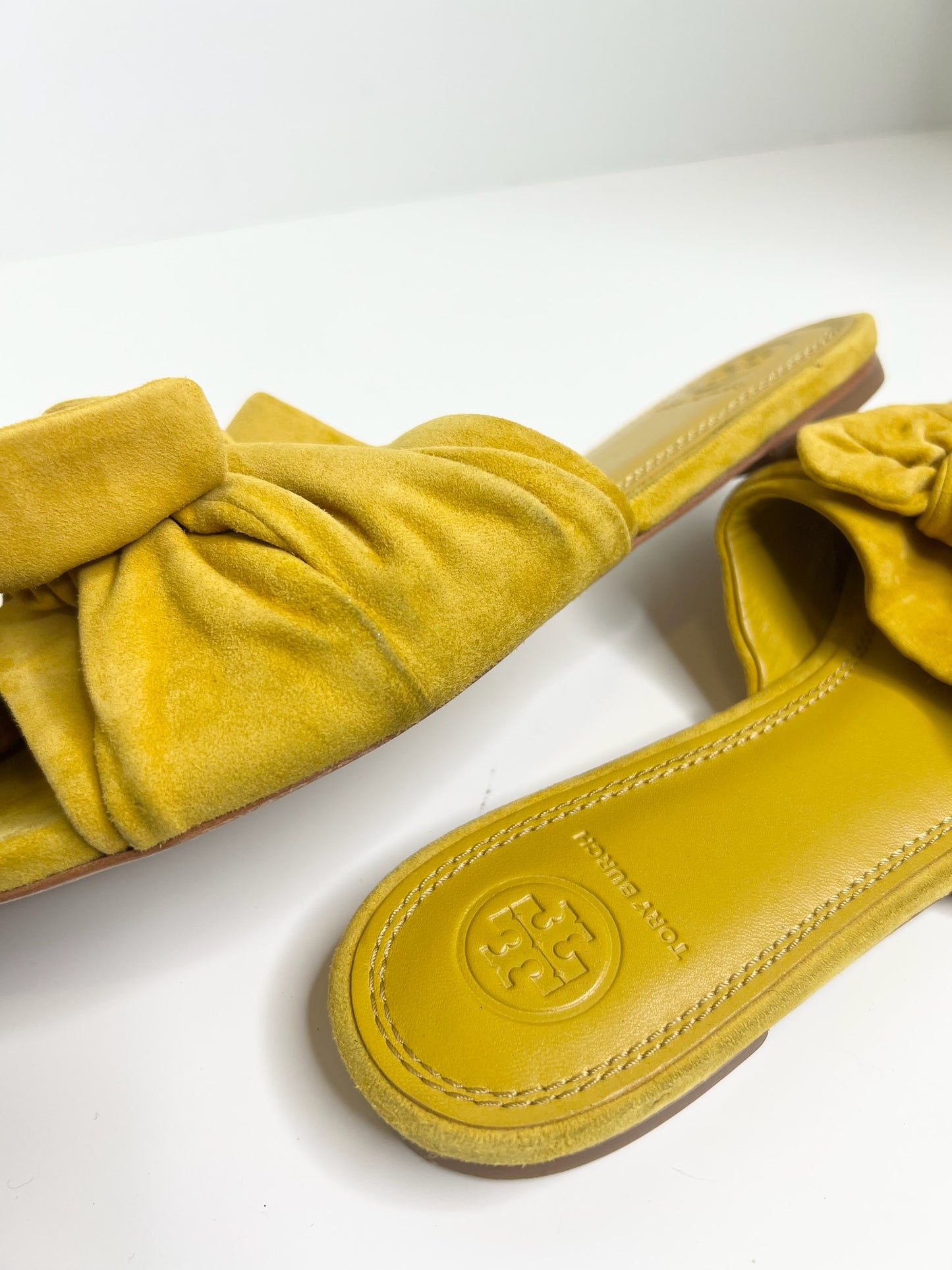 Tory Burch Annabelle Yellow Suede Bow Slides, Size 7.5