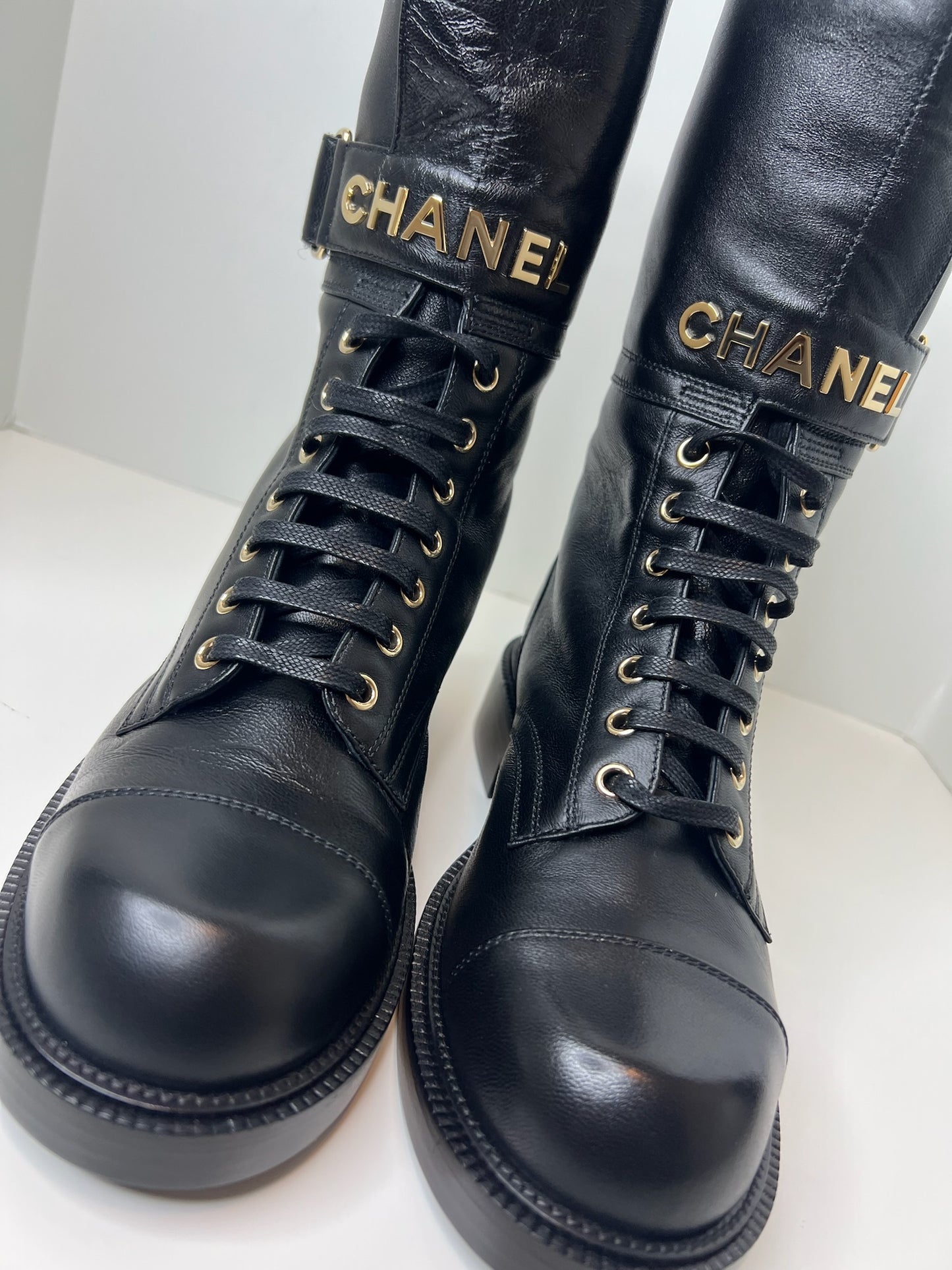 NWT! Chanel Lambskin Calfskin Lace Up Combat Boots, Black, Size 37.5