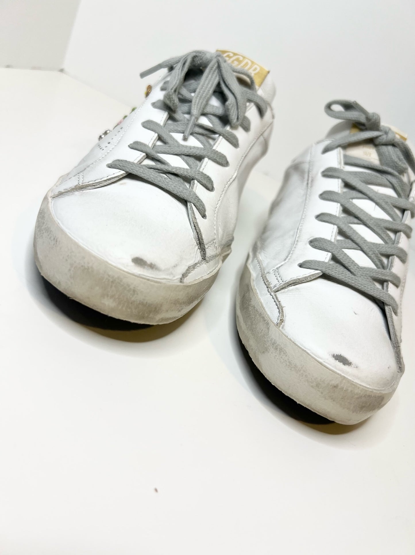 Golden Goose White Flowers Embroidered Superstar Sneakers, Size 39