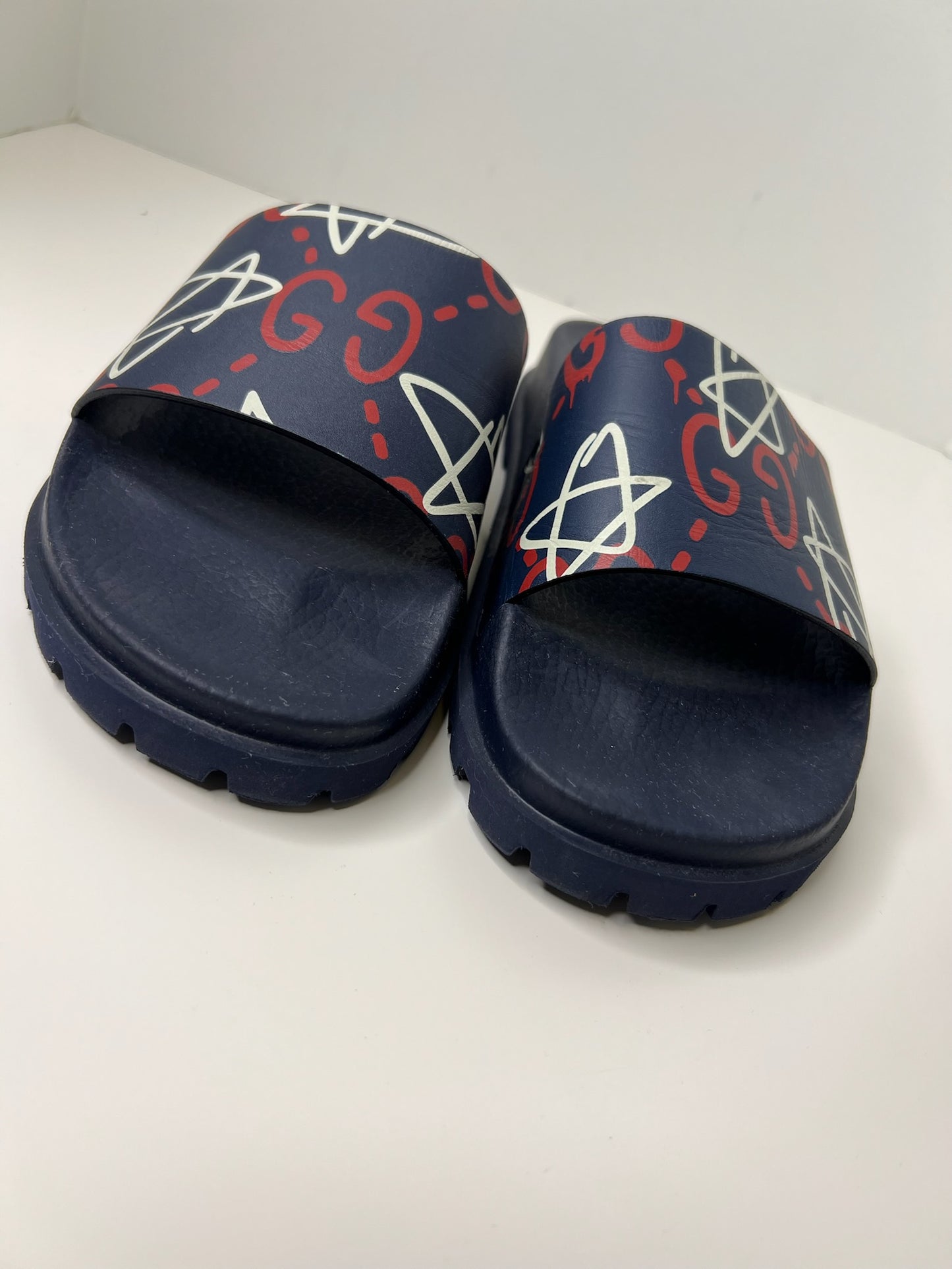 Gucci Ghost Star Print Blue Slides, Size 8