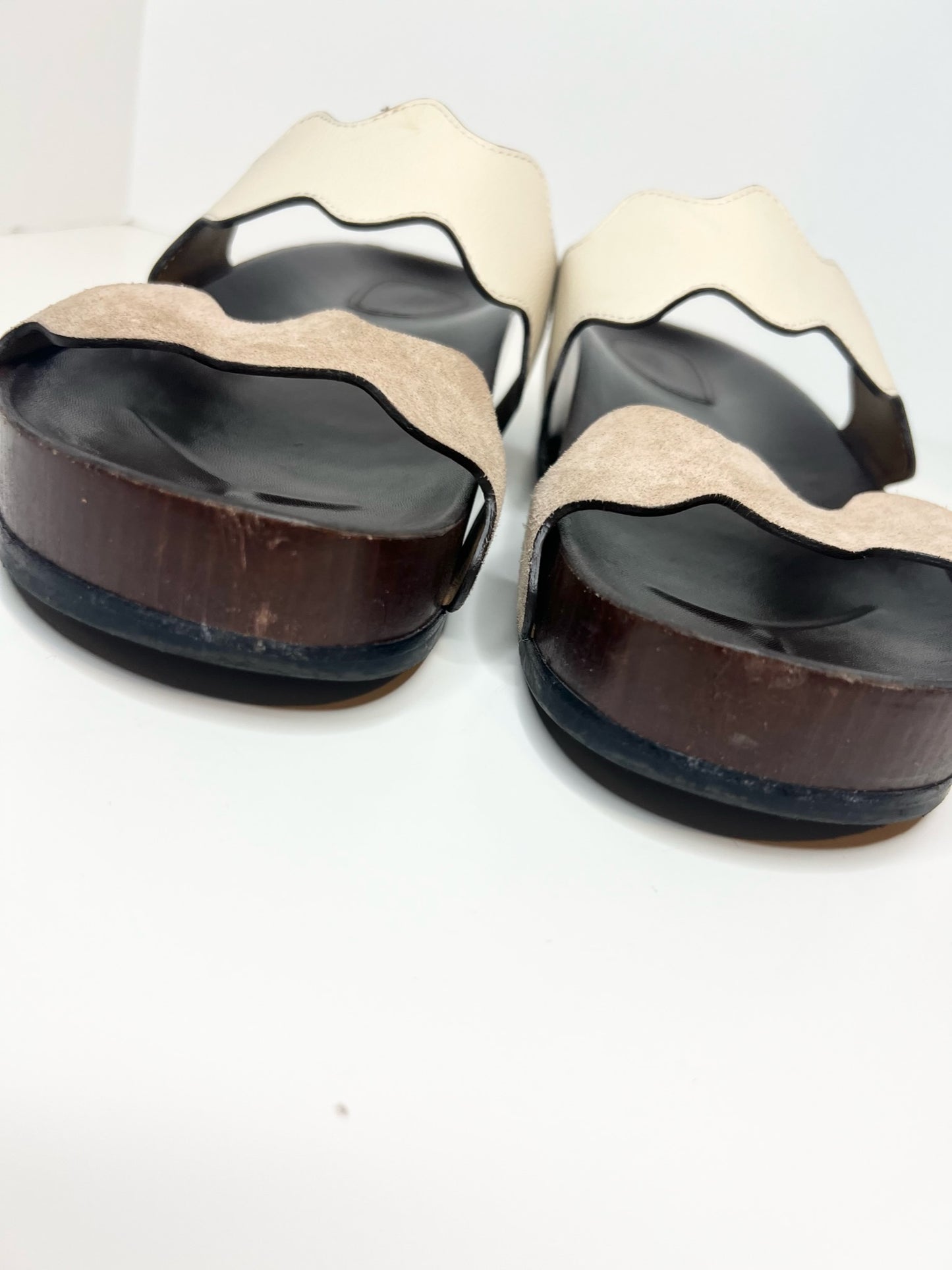 Chloe Lauren Scalloped Leather and Suede Slides, Size 39