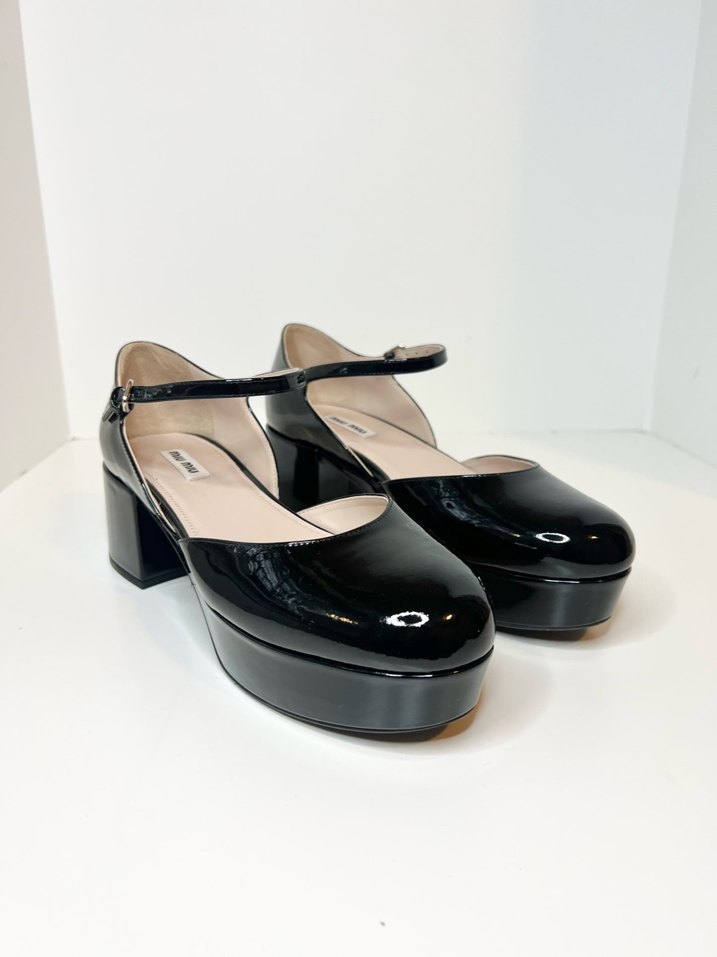 Miu Miu Black Patent Mary Janes, Size 38.5