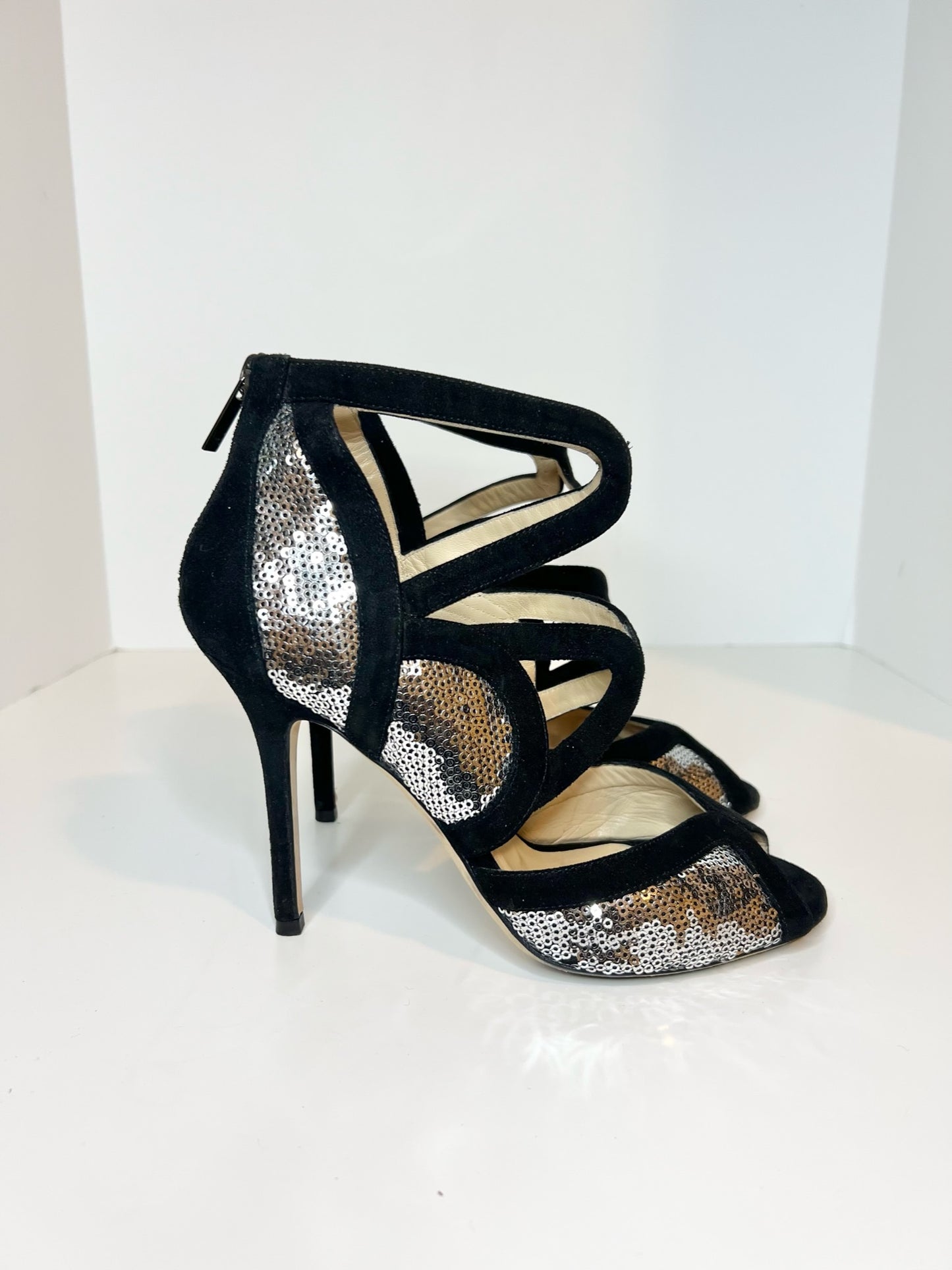 Jimmy Choo Tempest Silver Sequin w/ Black Suede Sandal, Size 37