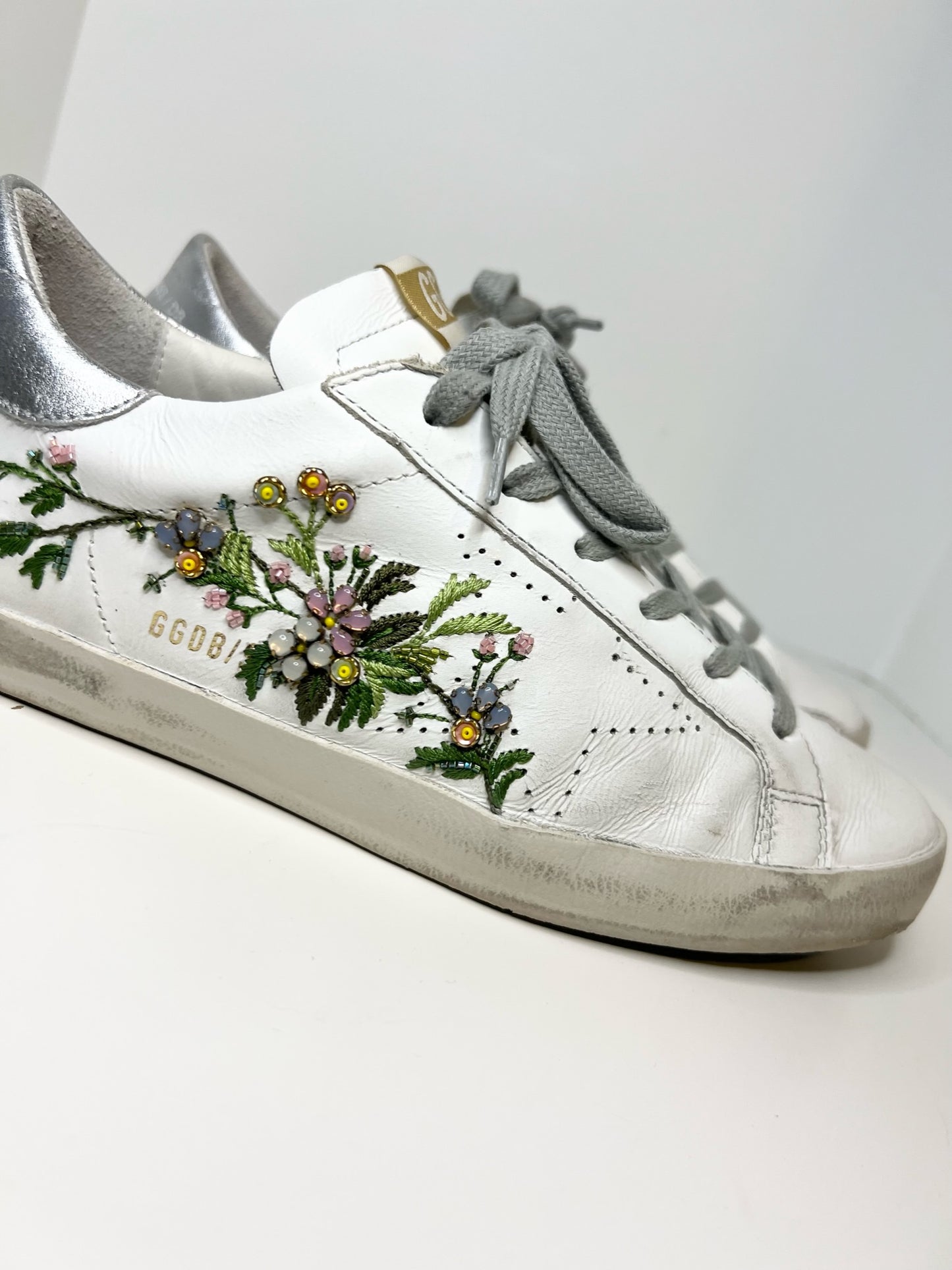 Golden Goose White Flowers Embroidered Superstar Sneakers, Size 39