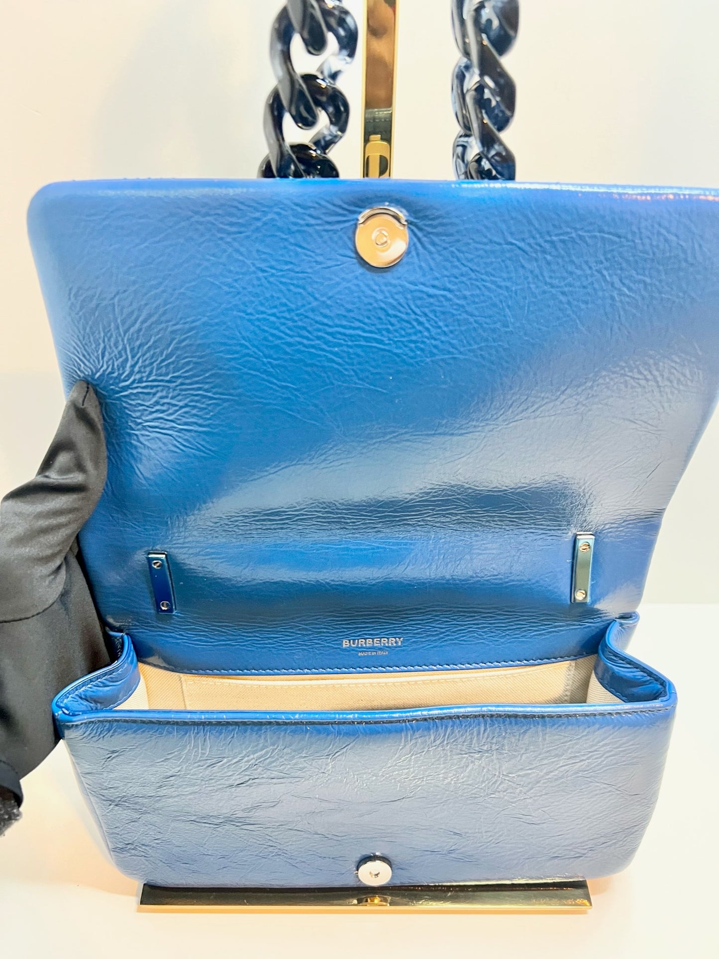 Burberry Patent Resin Chain Small Lola Bag in Blue