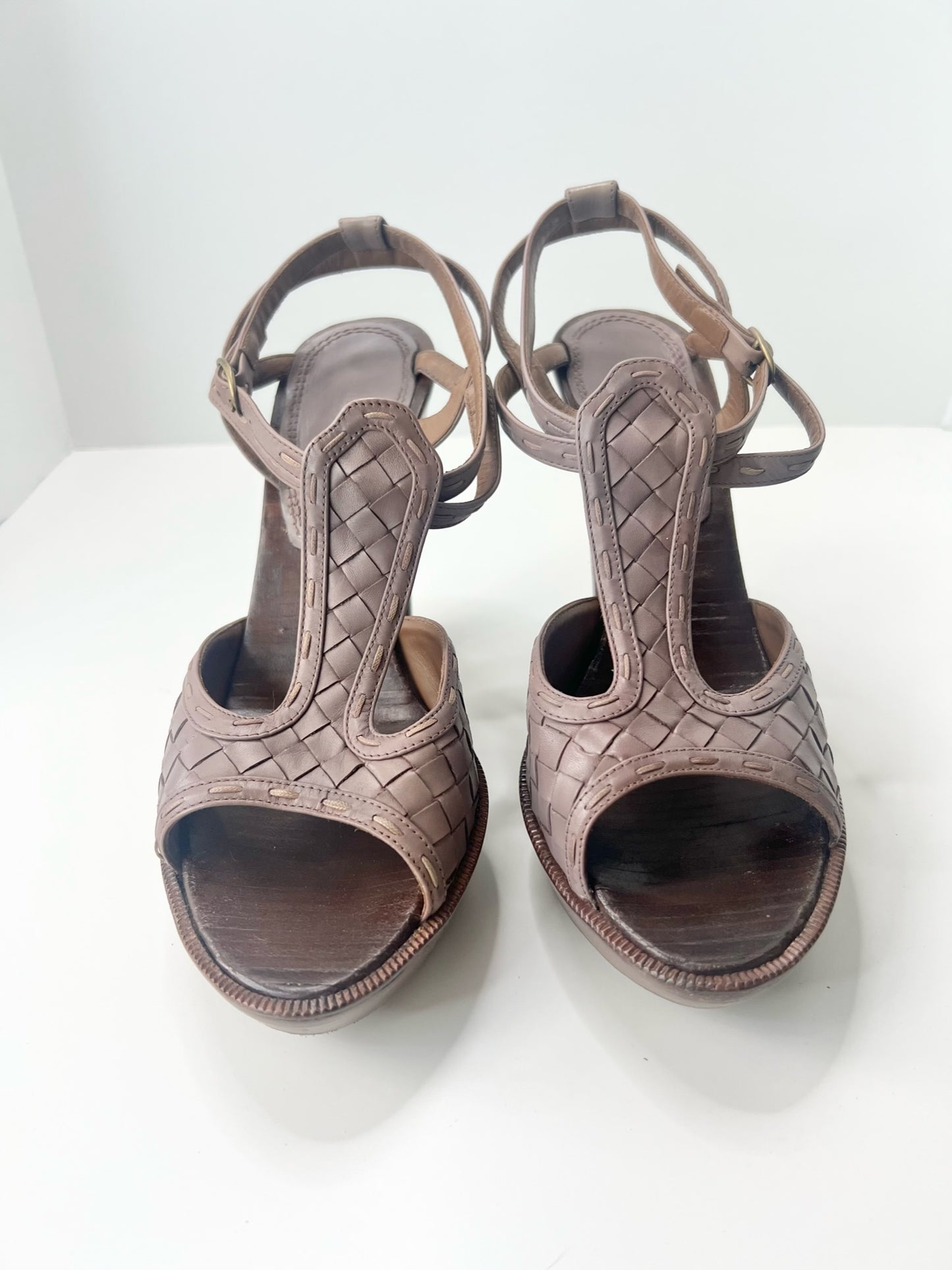 Bottega Veneta Intrecciato Leather Ankle Strap Platform Sandals, Size 38