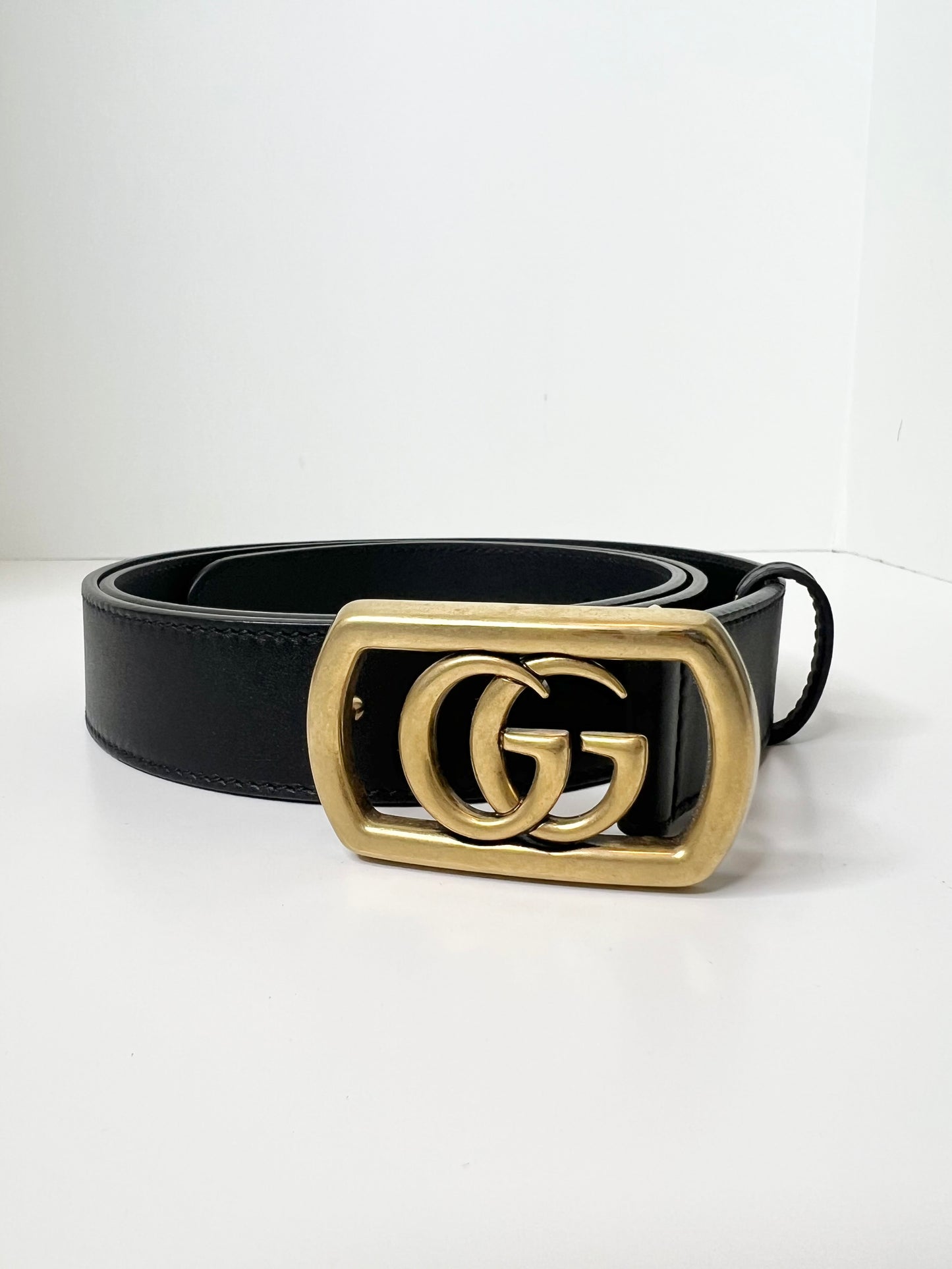 Gucci Black Leather Framed Double G Belt, Size 95