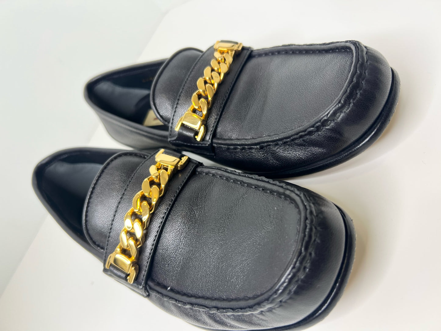 Gucci Sylvie Black Leather Loafers with Gold Chain, Size 37.5