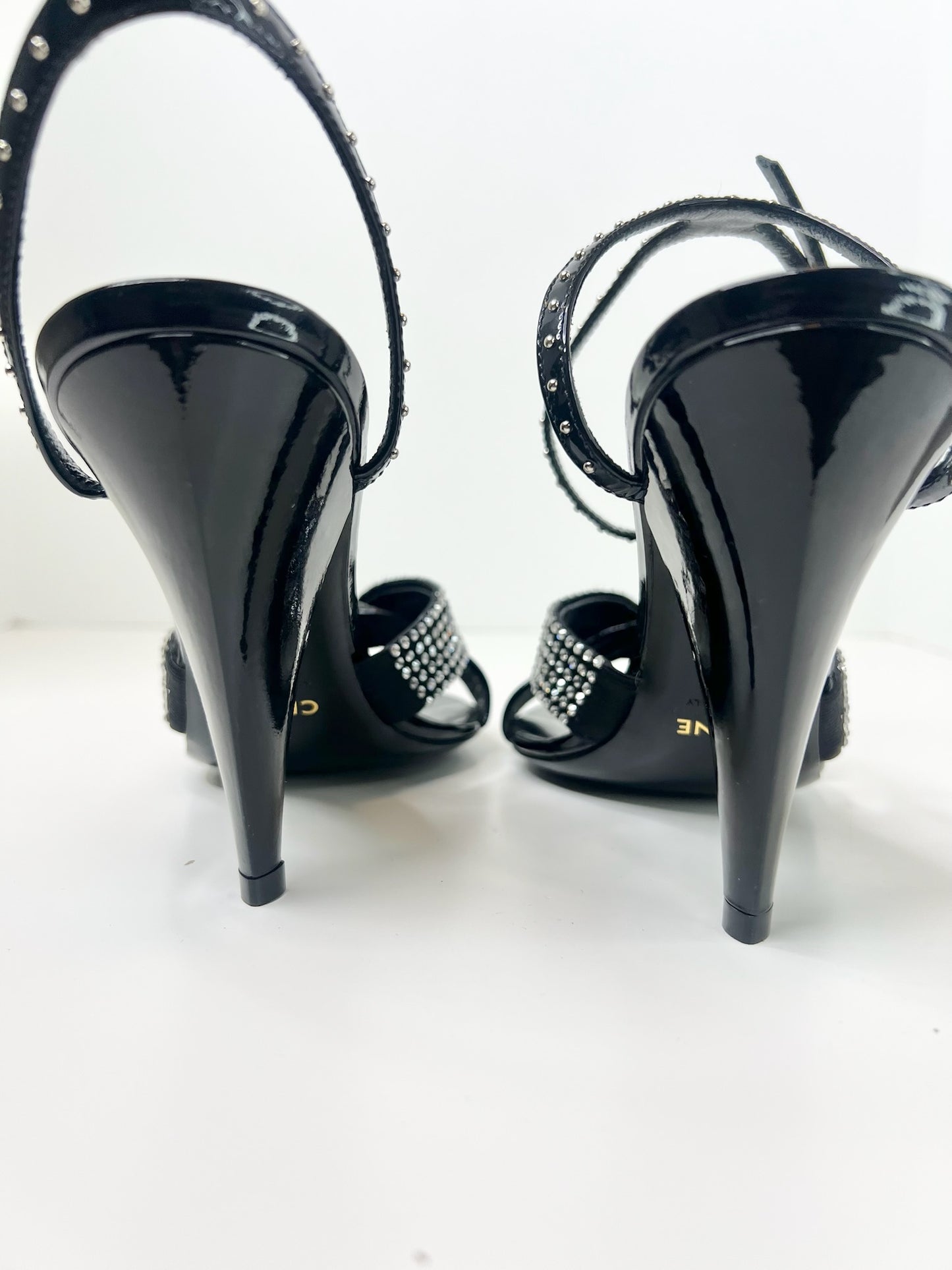 NWT! Celine Edwige Patent Leather Crystal Embellished Sandals, Size 37.5