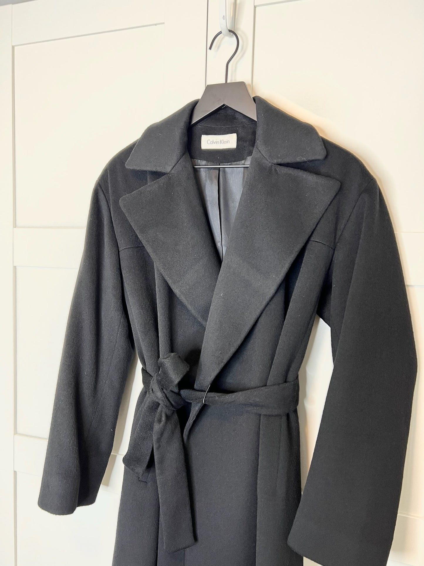 Calvin Klein Black Wool Tie Overcoat, Size 4