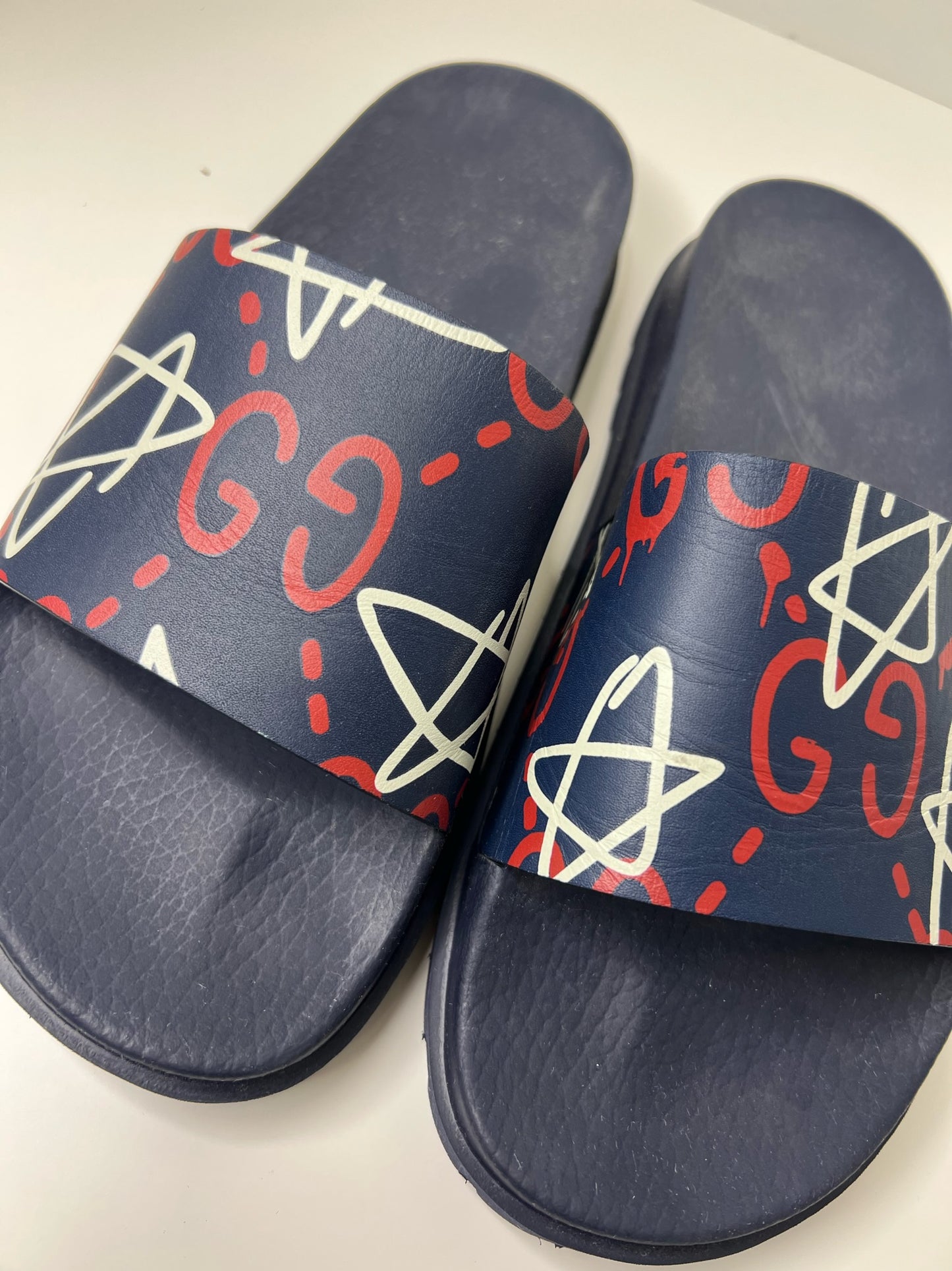 Gucci Ghost Star Print Blue Slides, Size 8