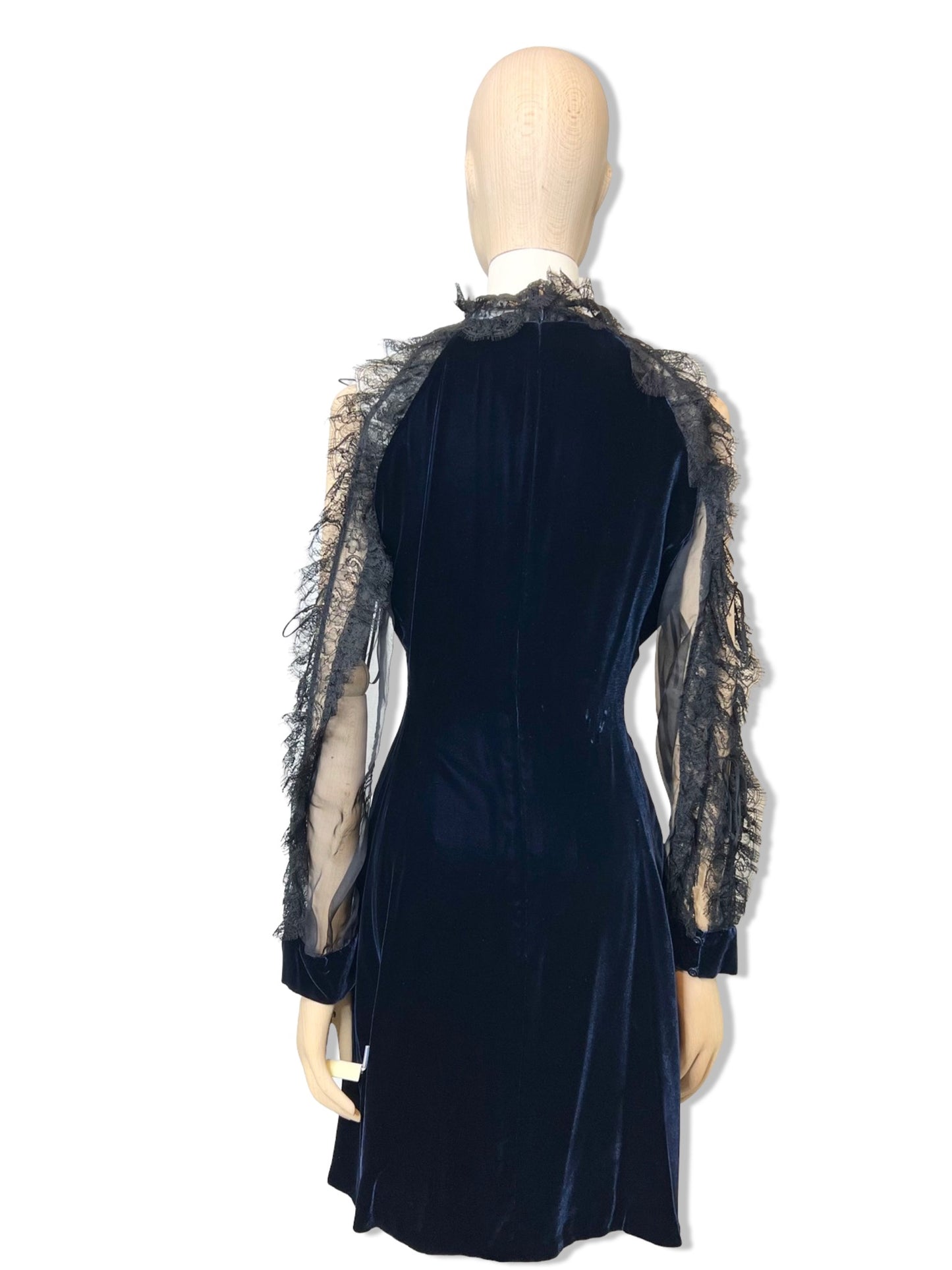 Christian Dior Navy Velvet Dress w/ Black Lace, Size 44