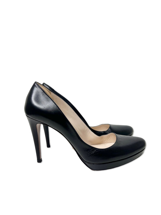 Prada Black Leather Platform Pumps, Size 38