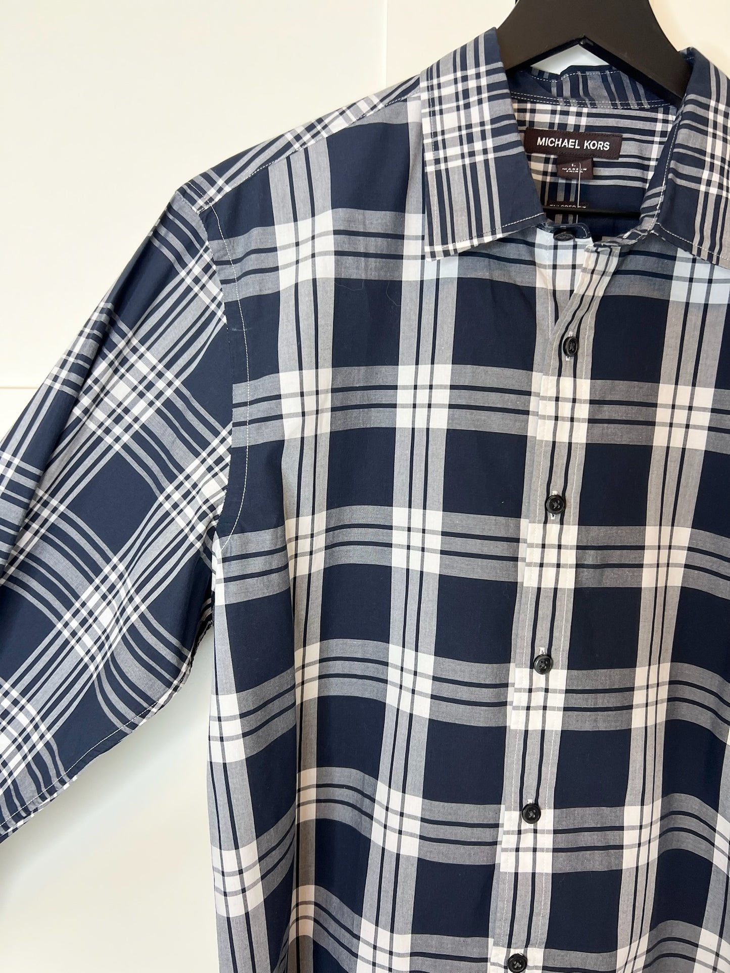 Michael Kors Plaid Navy Blue & White Shirt, Size L