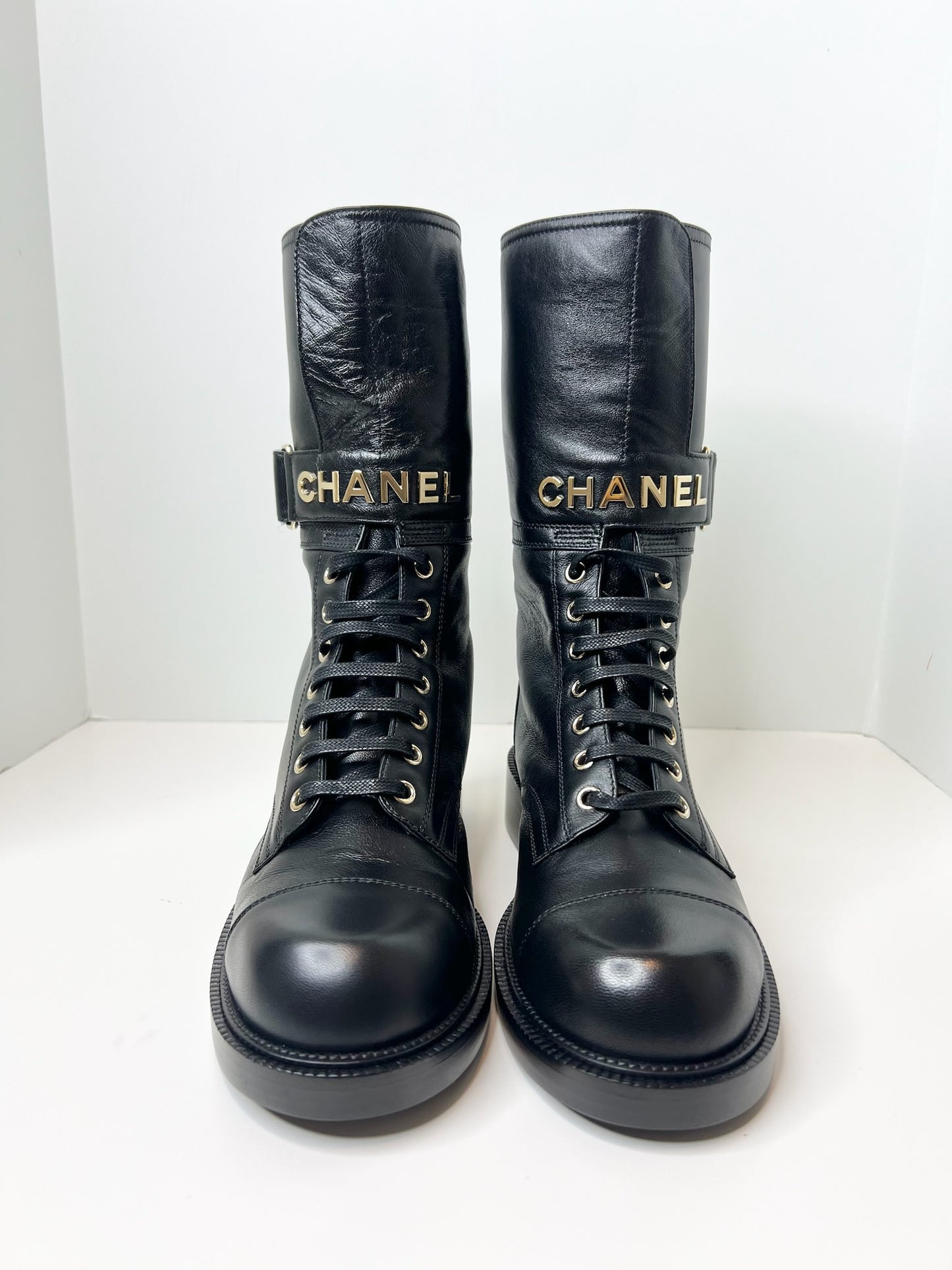 NWT! Chanel Lambskin Calfskin Lace Up Combat Boots, Black, Size 37.5