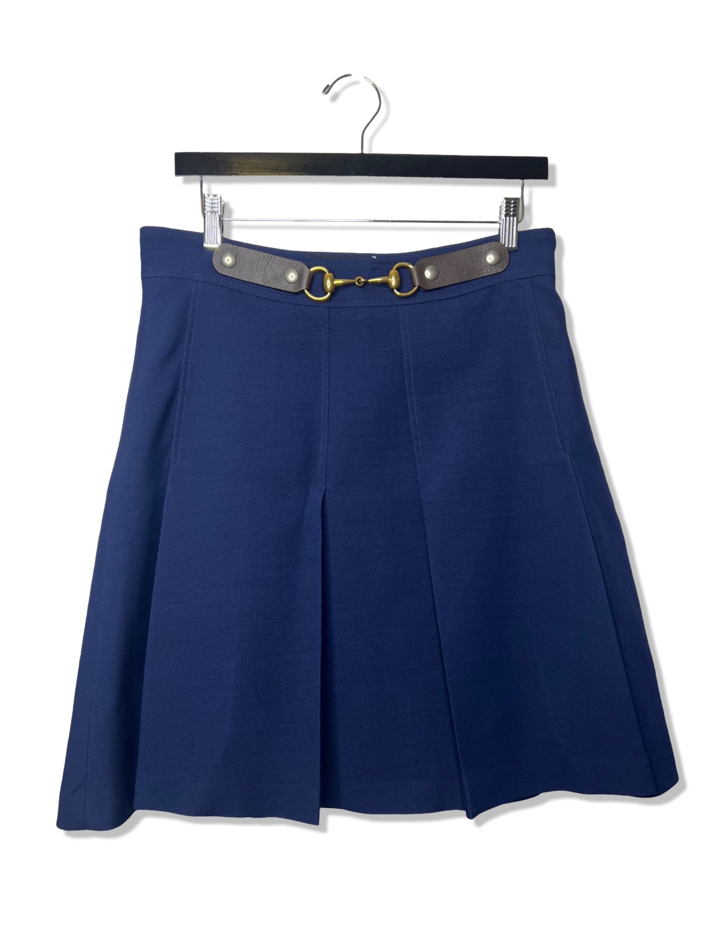 NWT! Gucci Horsebit Pleated Skirt Navy Silk-Wool, Size 46