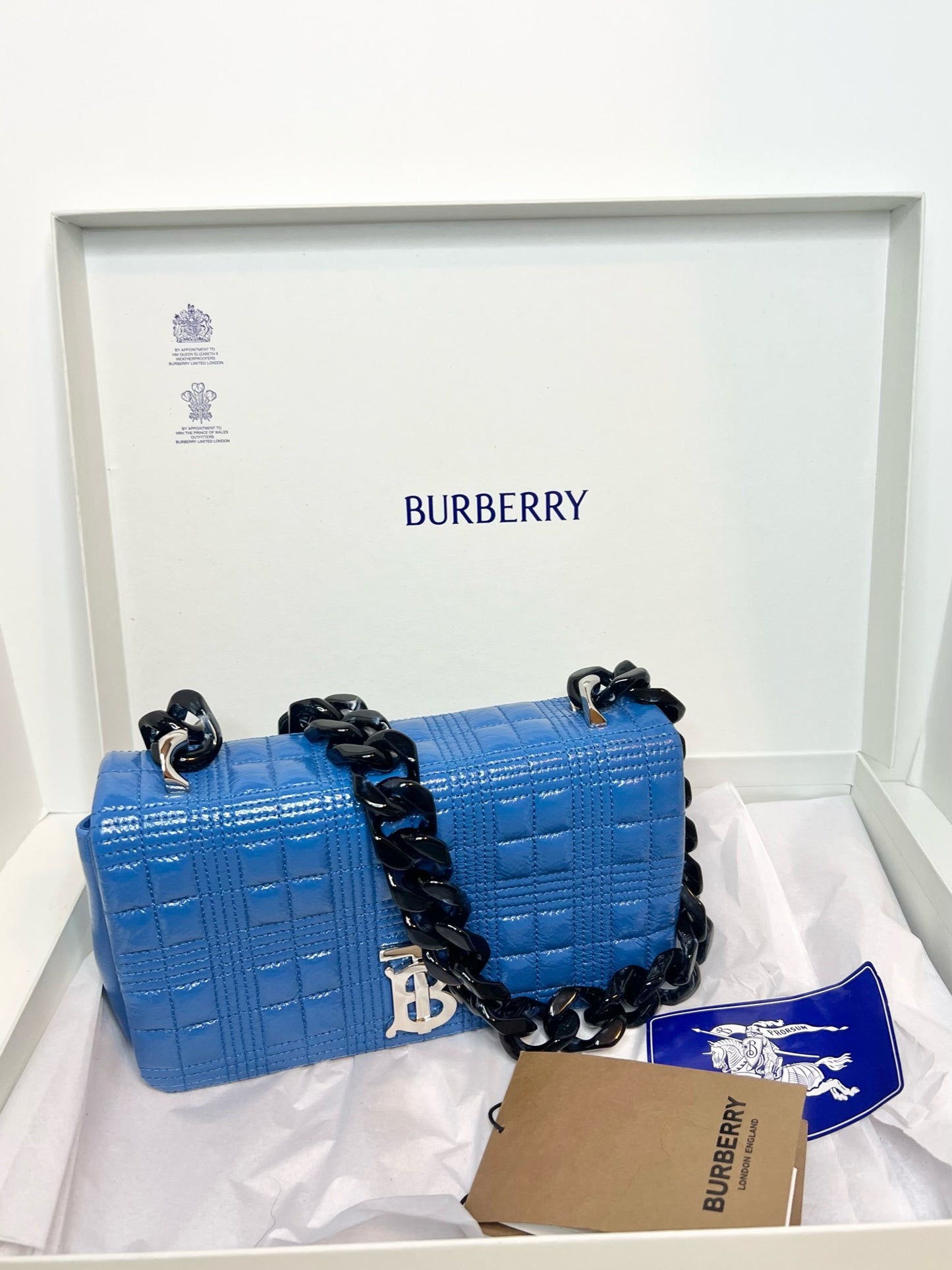 Burberry Patent Resin Chain Small Lola Bag in Blue