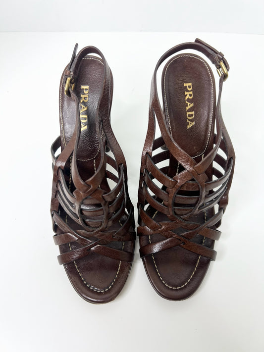 Prada Brown Leather Strappy Slingback Sandals, Size 39