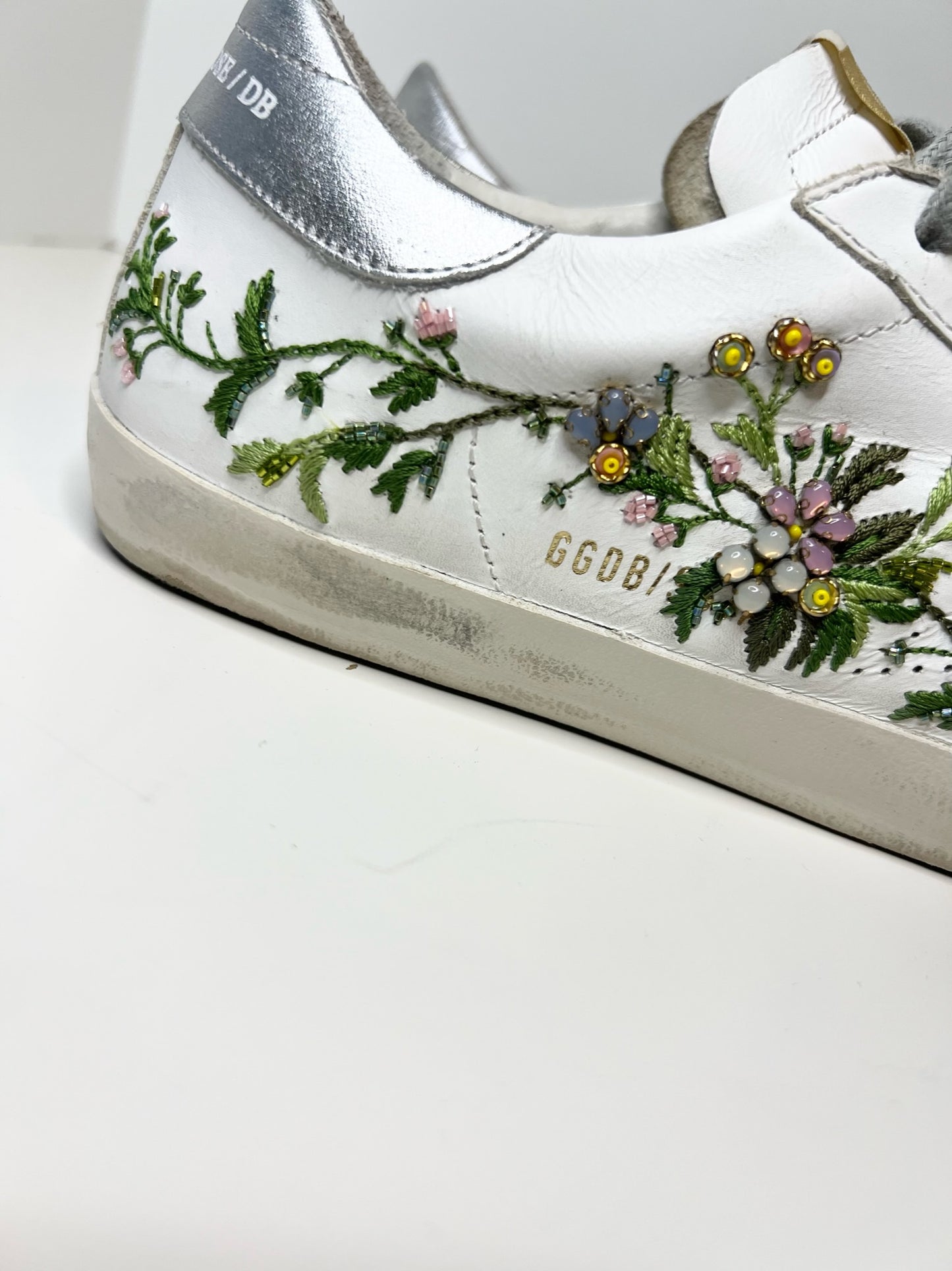 Golden Goose White Flowers Embroidered Superstar Sneakers, Size 39