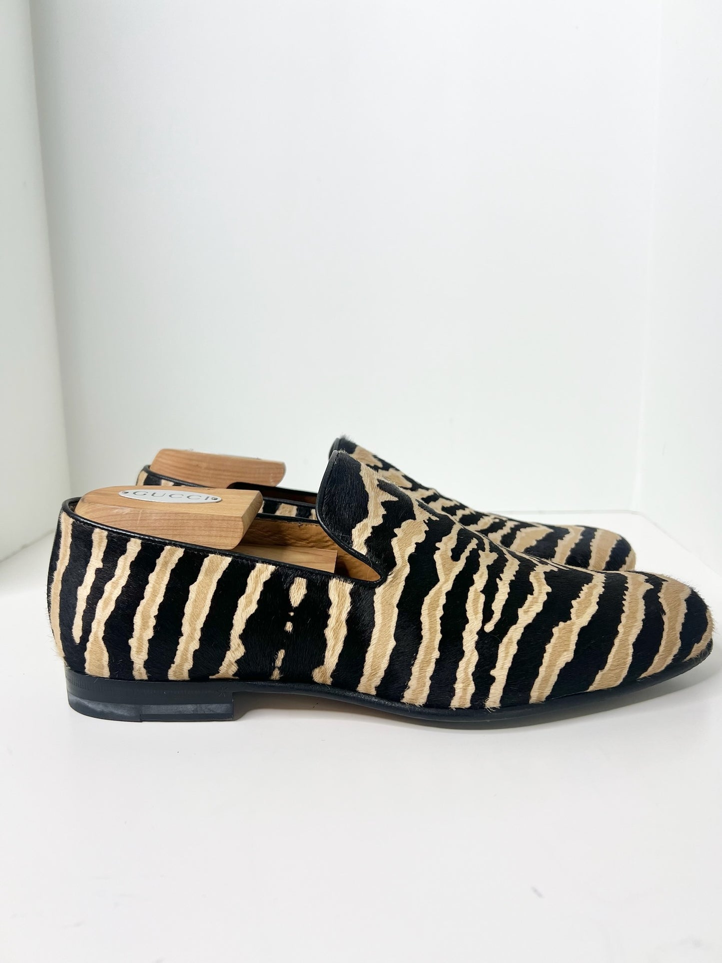 Gucci Pony Hair Black & Tan Zebra Print Loafers, Size 7