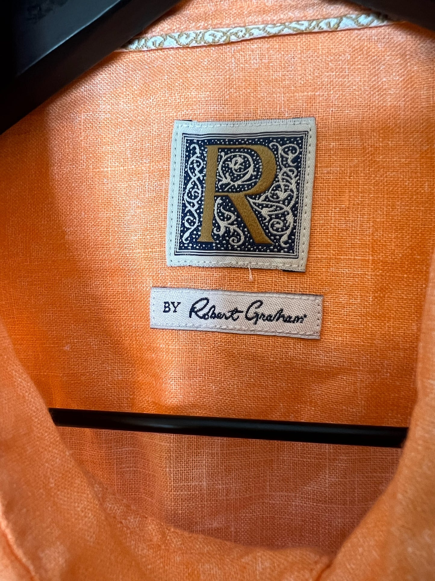 R by Robert Graham Orange Linen Long-Sleeve Shirt, Size XL