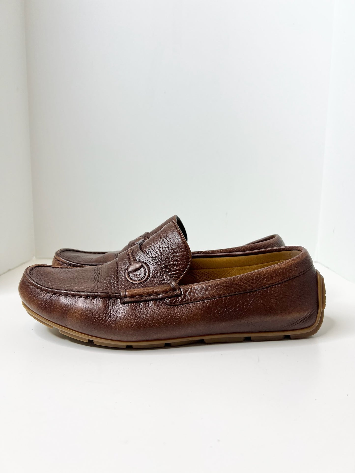 Gucci Brown Leather Driver w/ Embossed Horsebit Logo, Size 6.5