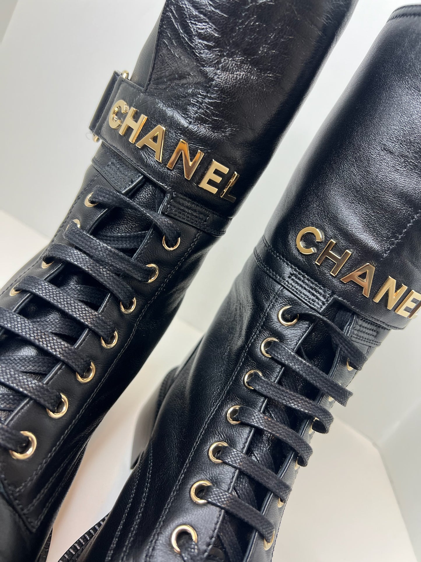 NWT! Chanel Lambskin Calfskin Lace Up Combat Boots, Black, Size 37.5