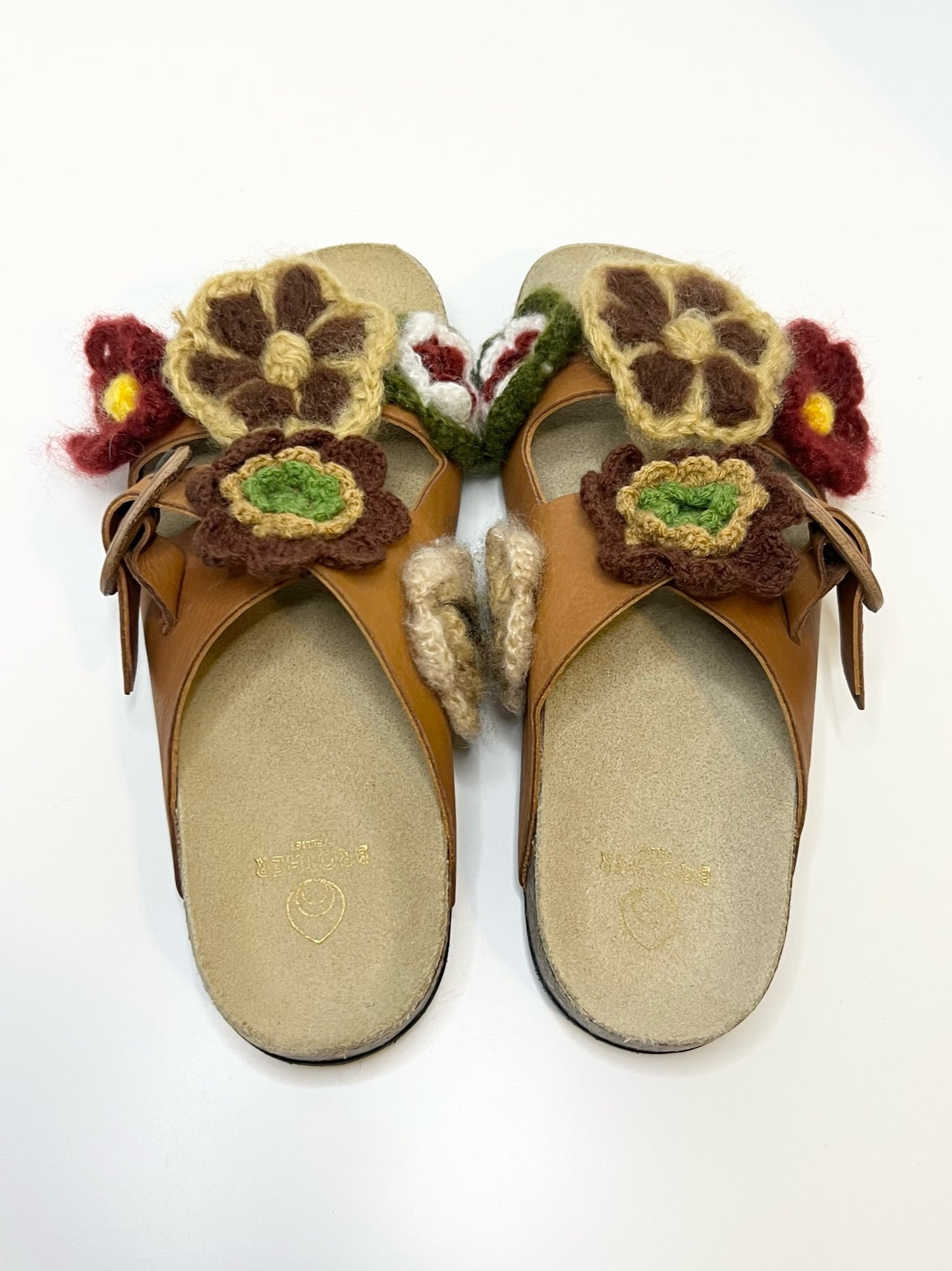 Brother Vellies Greg Crochet-Flower Leather Sandals in Multi Brown, Size 9