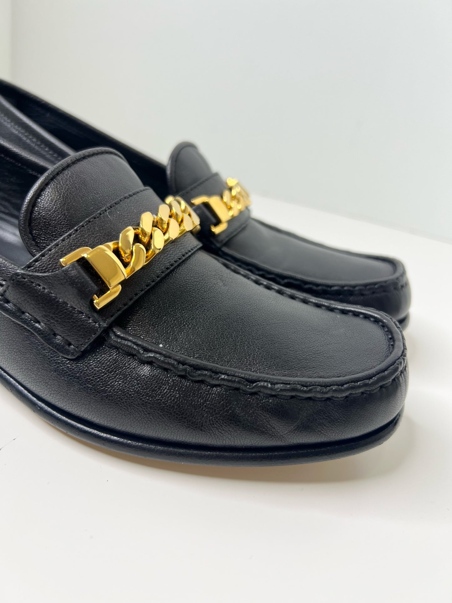 Gucci Sylvie Black Leather Loafers with Gold Chain, Size 37.5