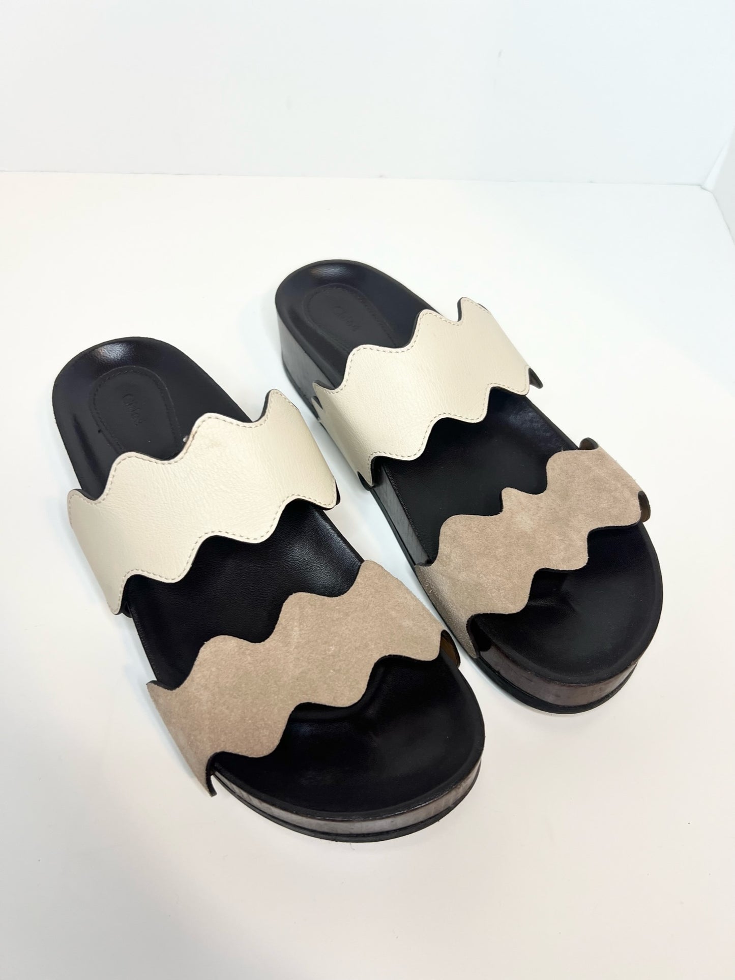 Chloe Lauren Scalloped Leather and Suede Slides, Size 39