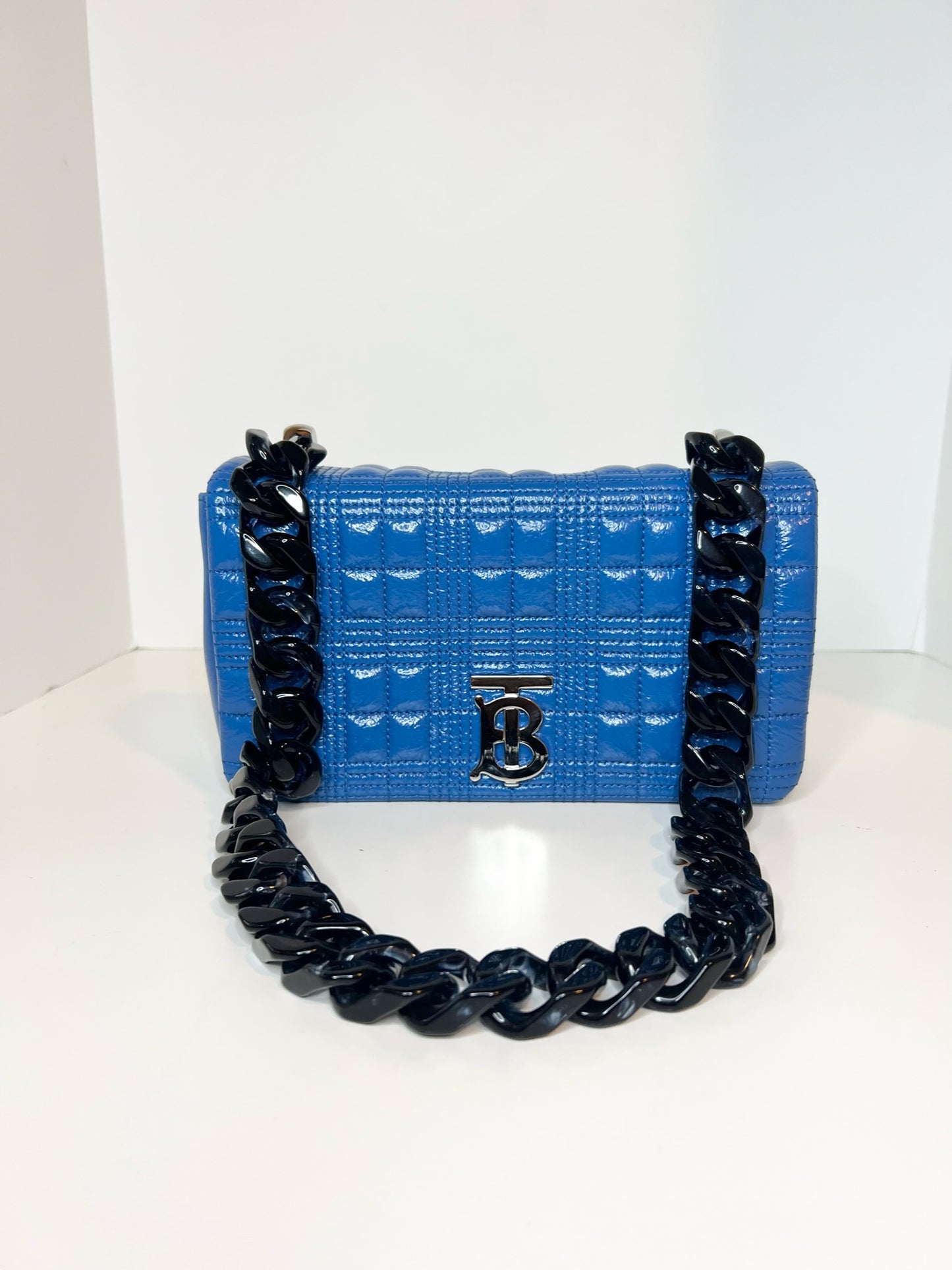 Burberry Patent Resin Chain Small Lola Bag in Blue