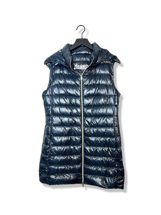 Herno Puffer Vest w/ Removable Hood, Navy, Size 10