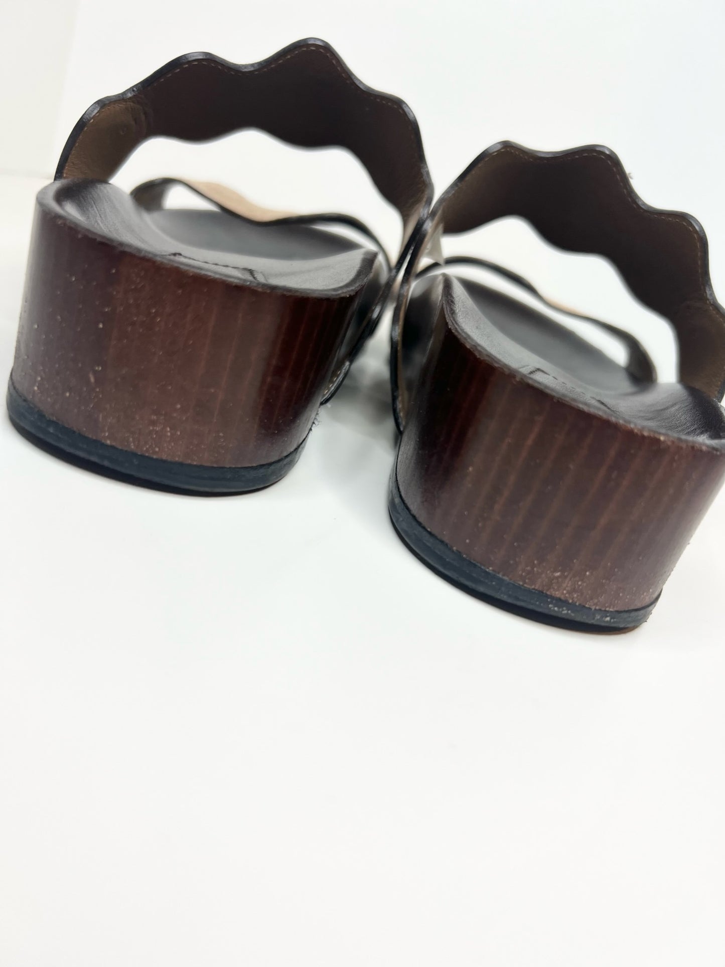 Chloe Lauren Scalloped Leather and Suede Slides, Size 39