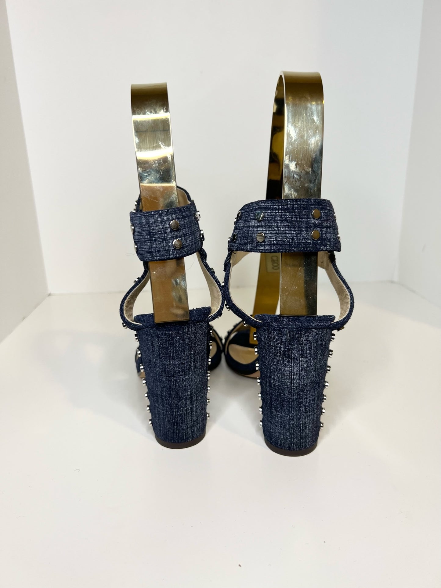 Jimmy Choo Veto Denim Blue Studded Sandals, Size 37.5