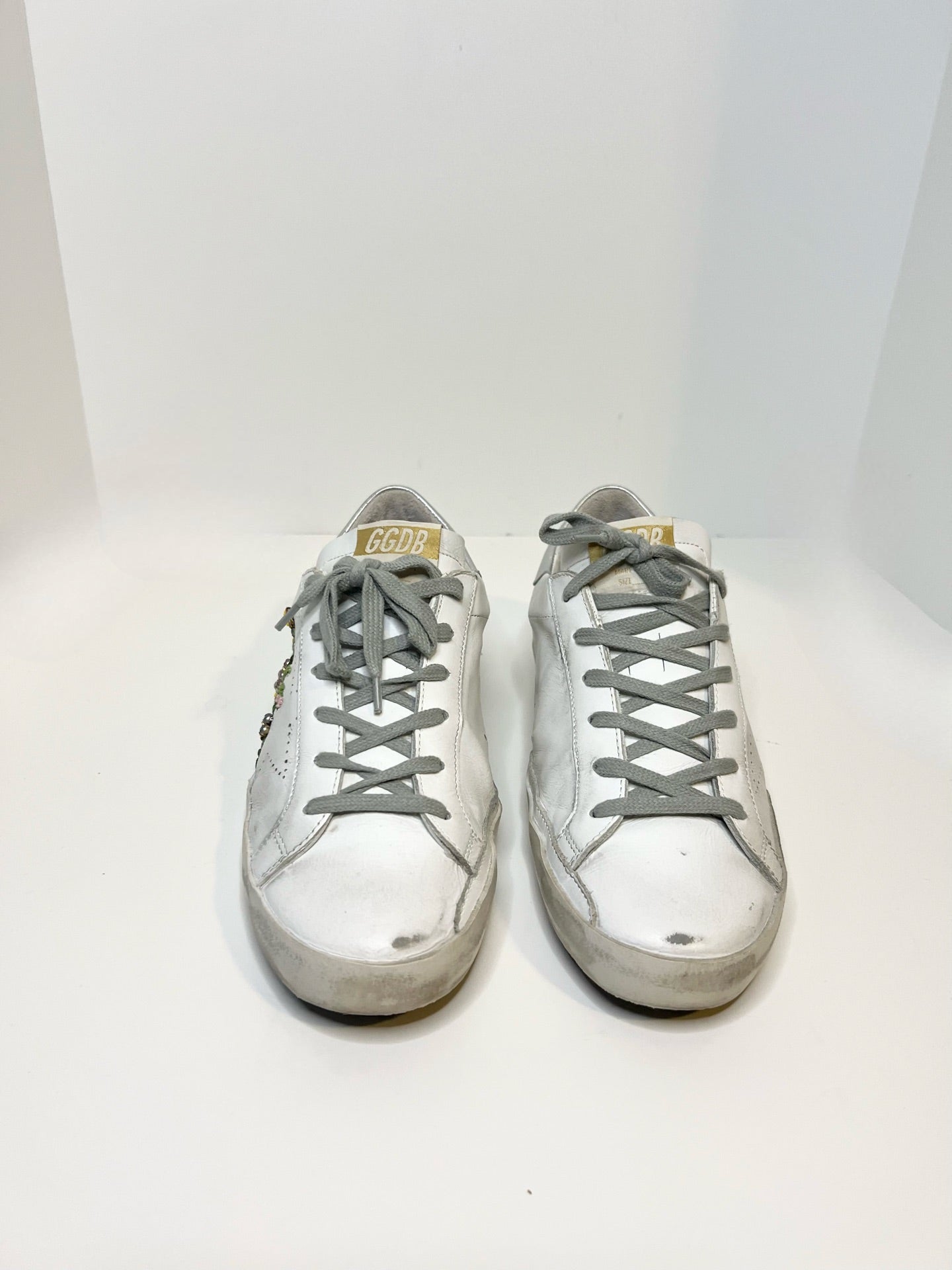 Golden Goose White Flowers Embroidered Superstar Sneakers, Size 39