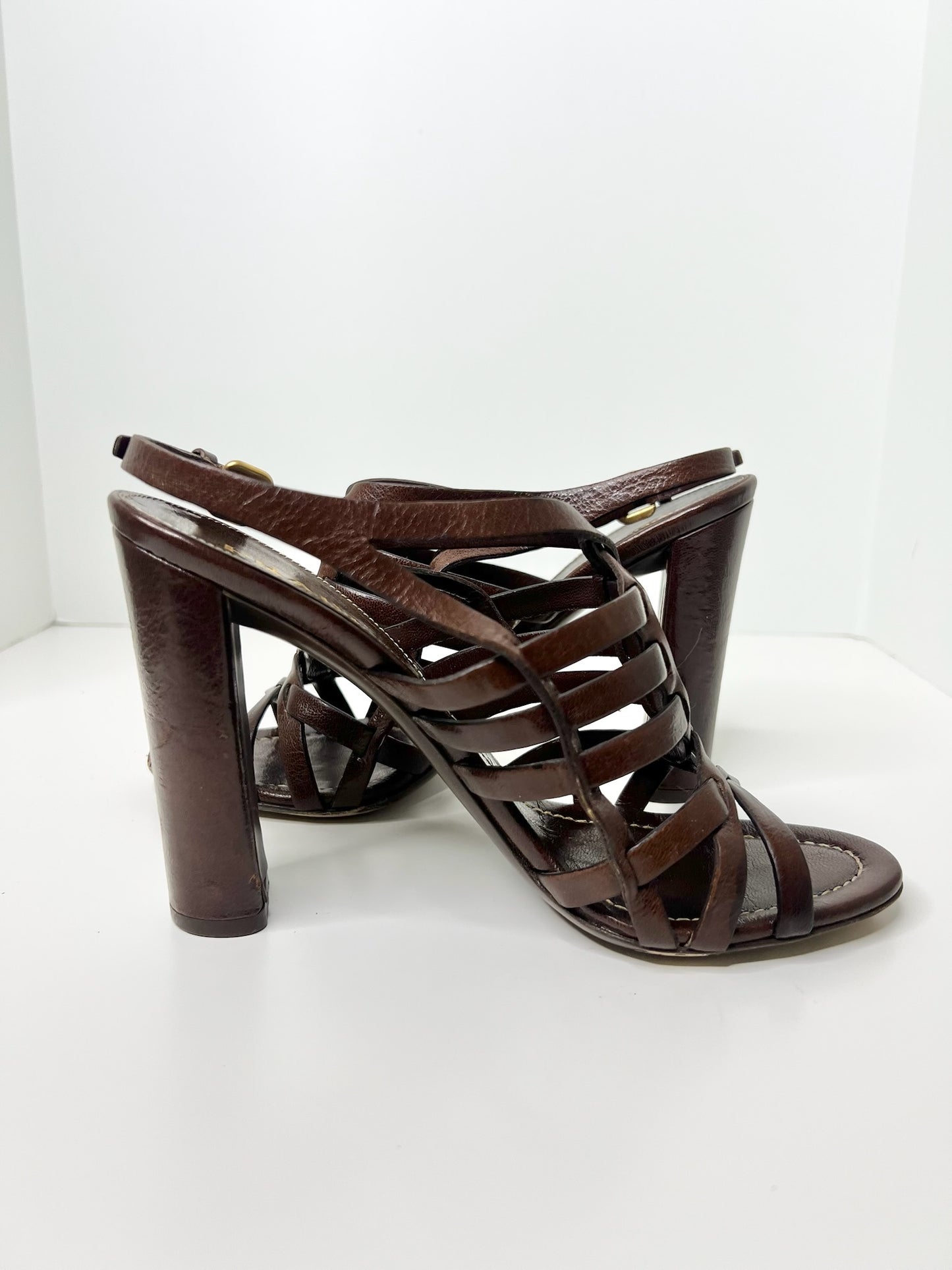 Prada Brown Leather Strappy Slingback Sandals, Size 39