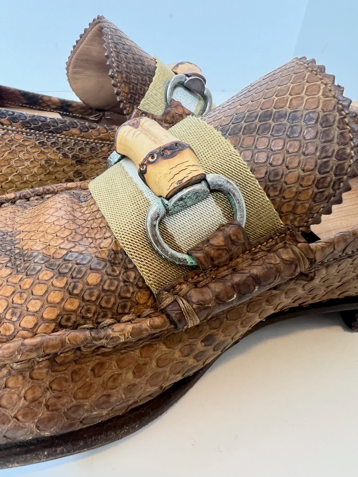 Gucci Python Loafers w/ Bamboo Hardware Accent, Size 7