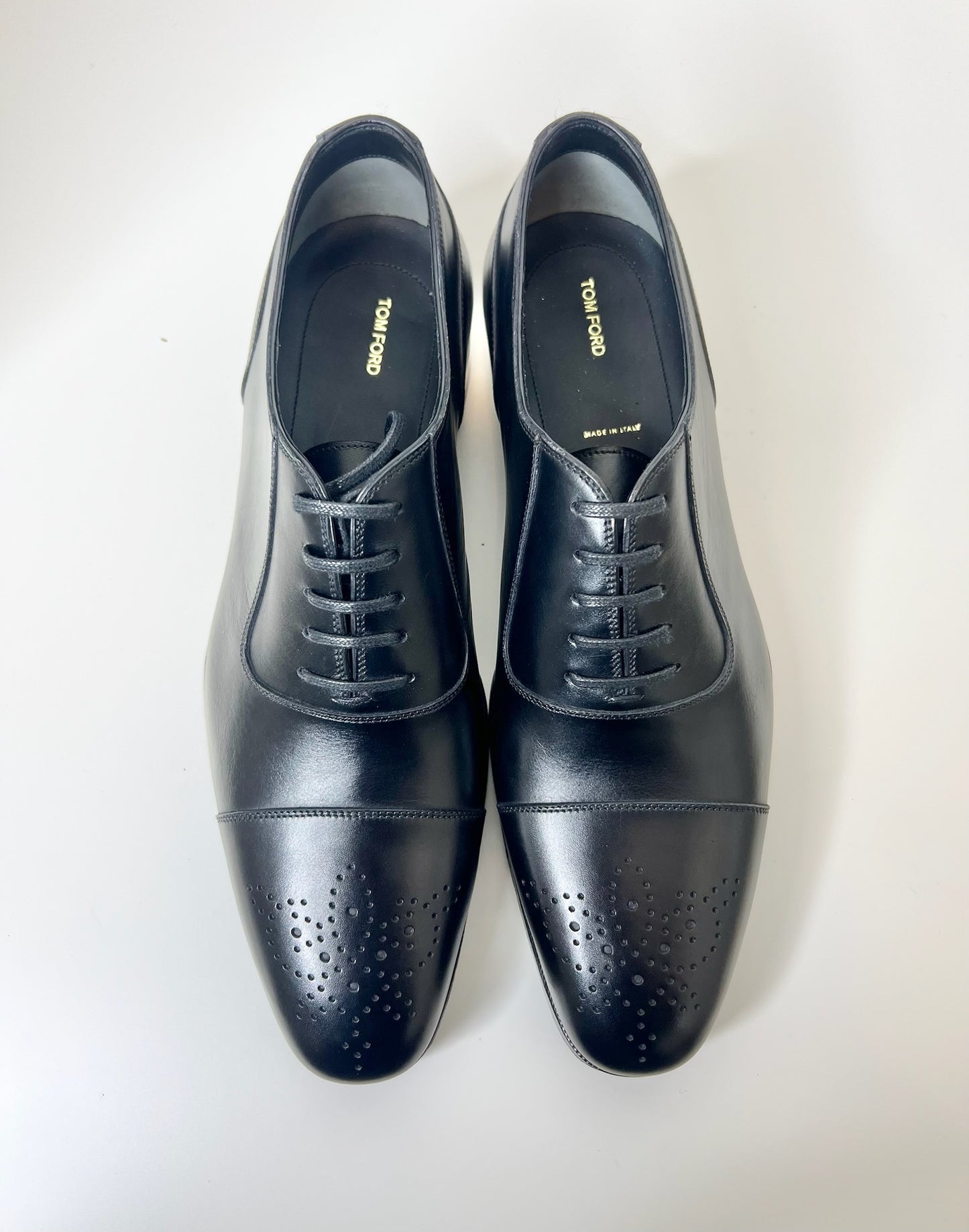 NWT! Tom Ford Men's Black Leather Cap Toe Oxfords, Size 9