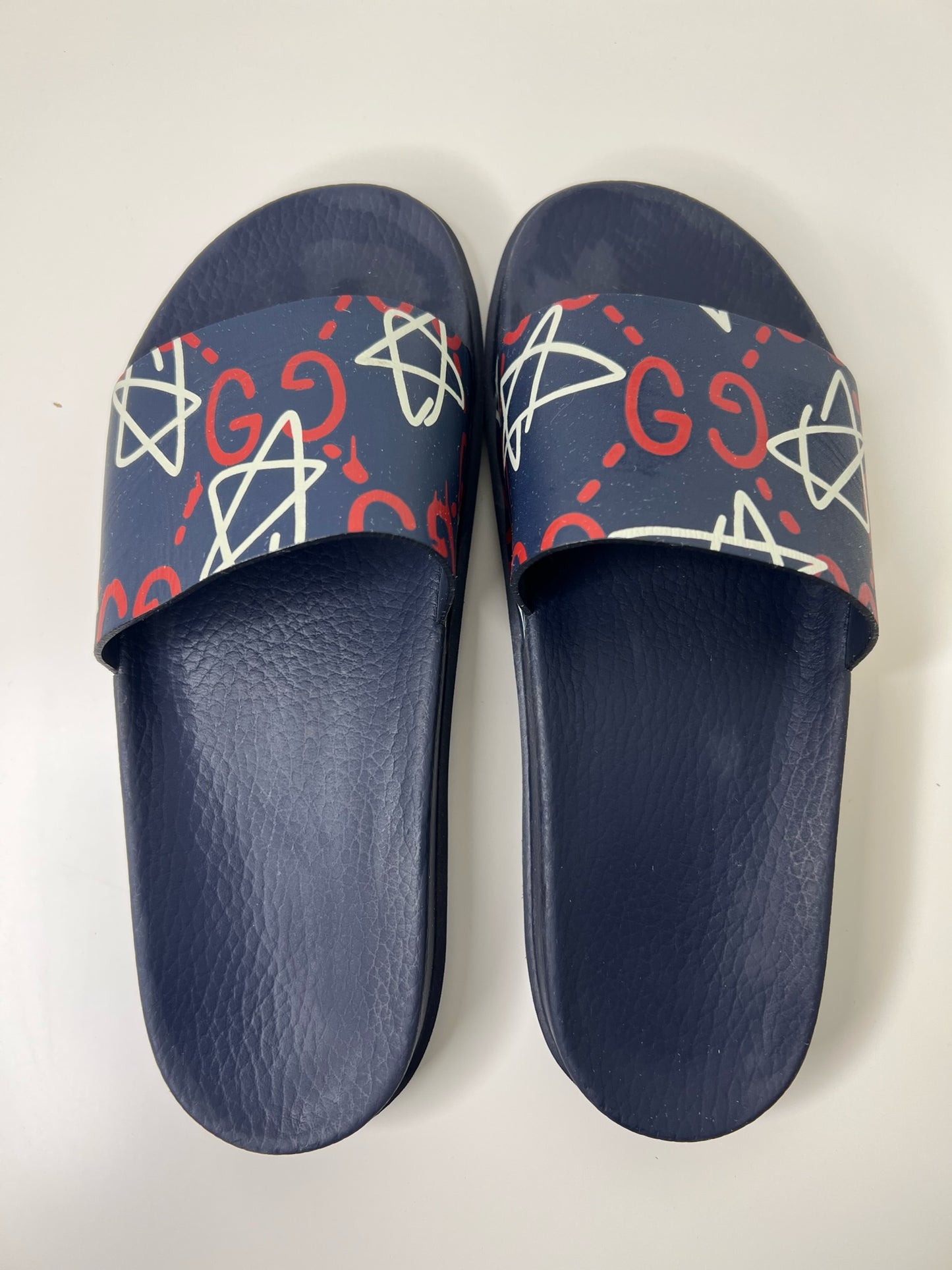 Gucci Ghost Star Print Blue Slides, Size 8