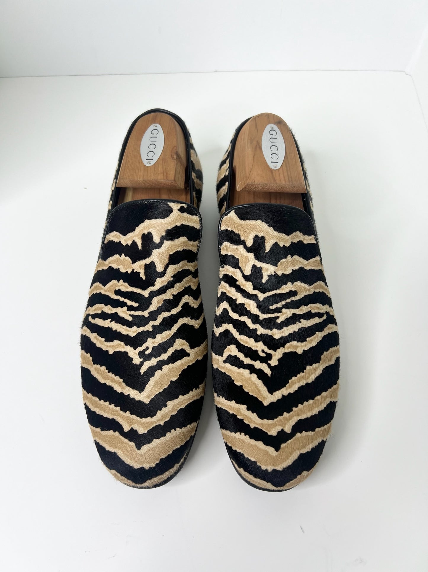 Gucci Pony Hair Black & Tan Zebra Print Loafers, Size 7