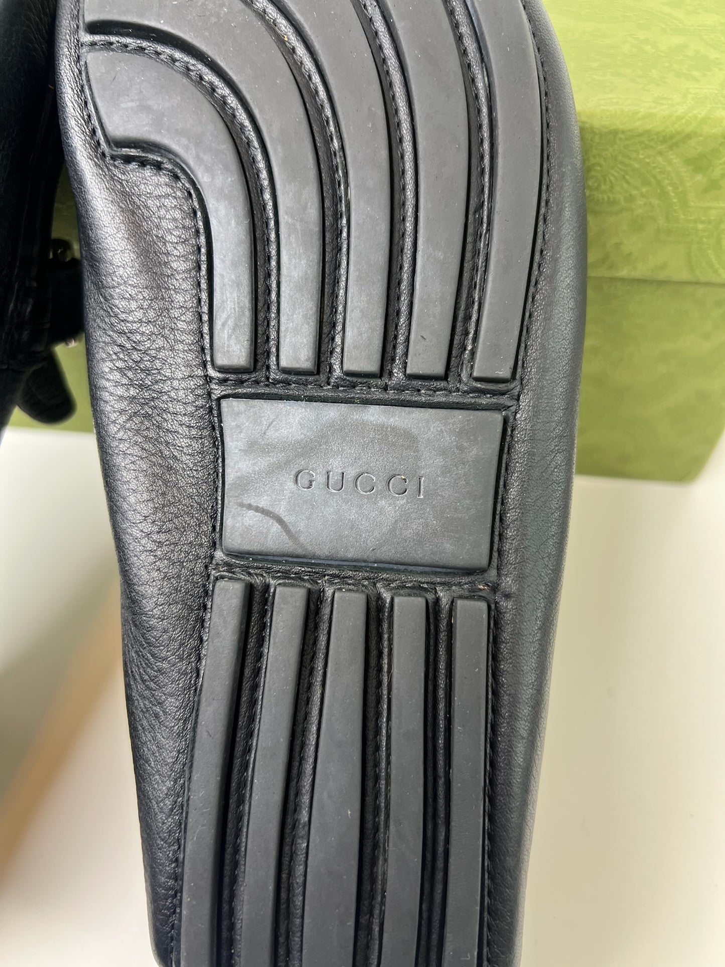 Gucci Interlocking G Logo Black Leather Drivers, Size 7