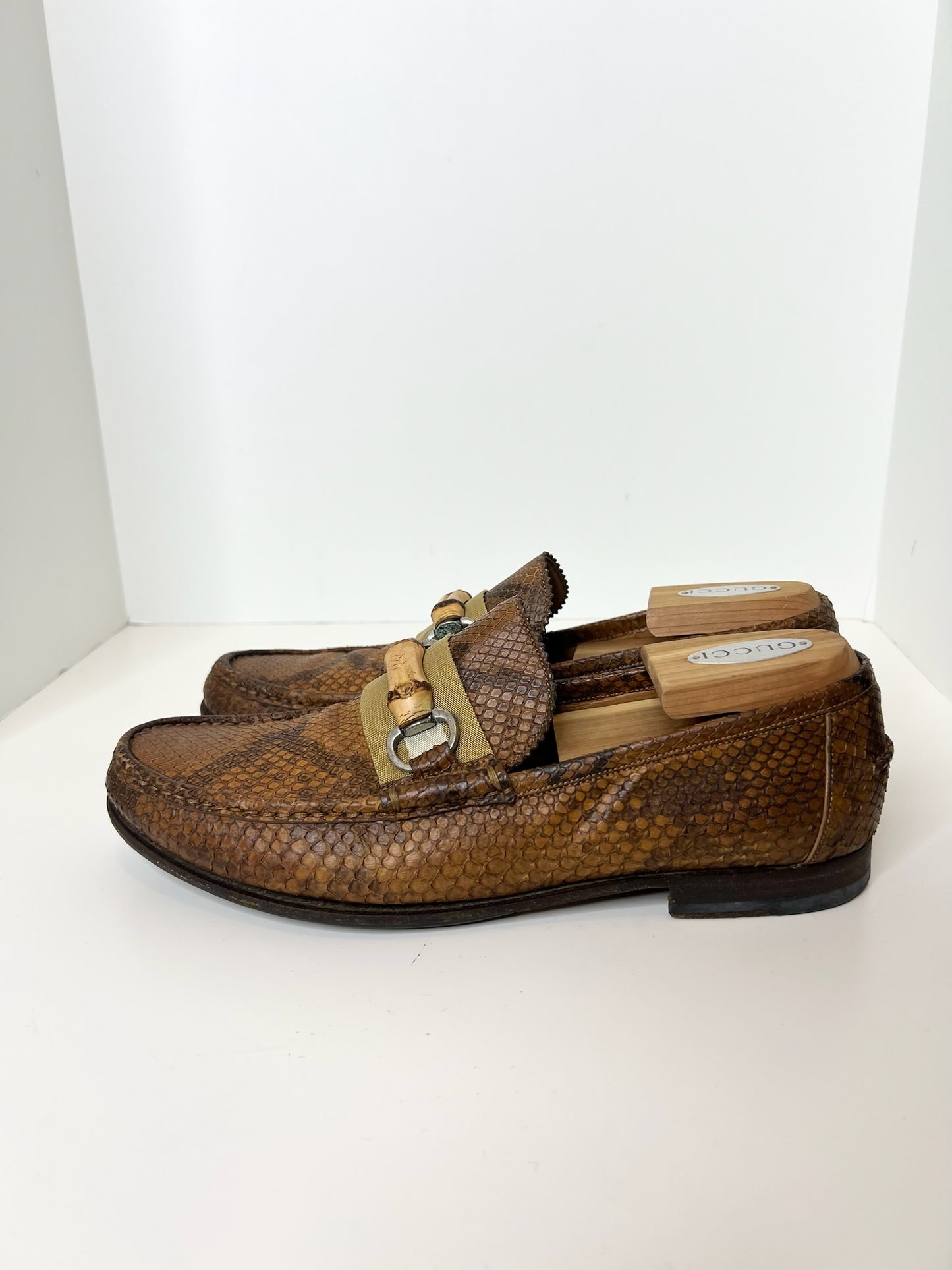 Gucci Python Loafers w/ Bamboo Hardware Accent, Size 7