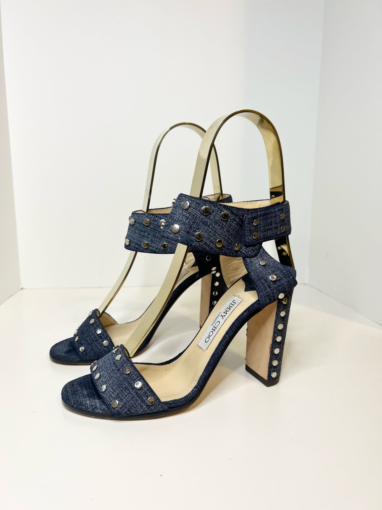 Jimmy Choo Veto Denim Blue Studded Sandals, Size 37.5