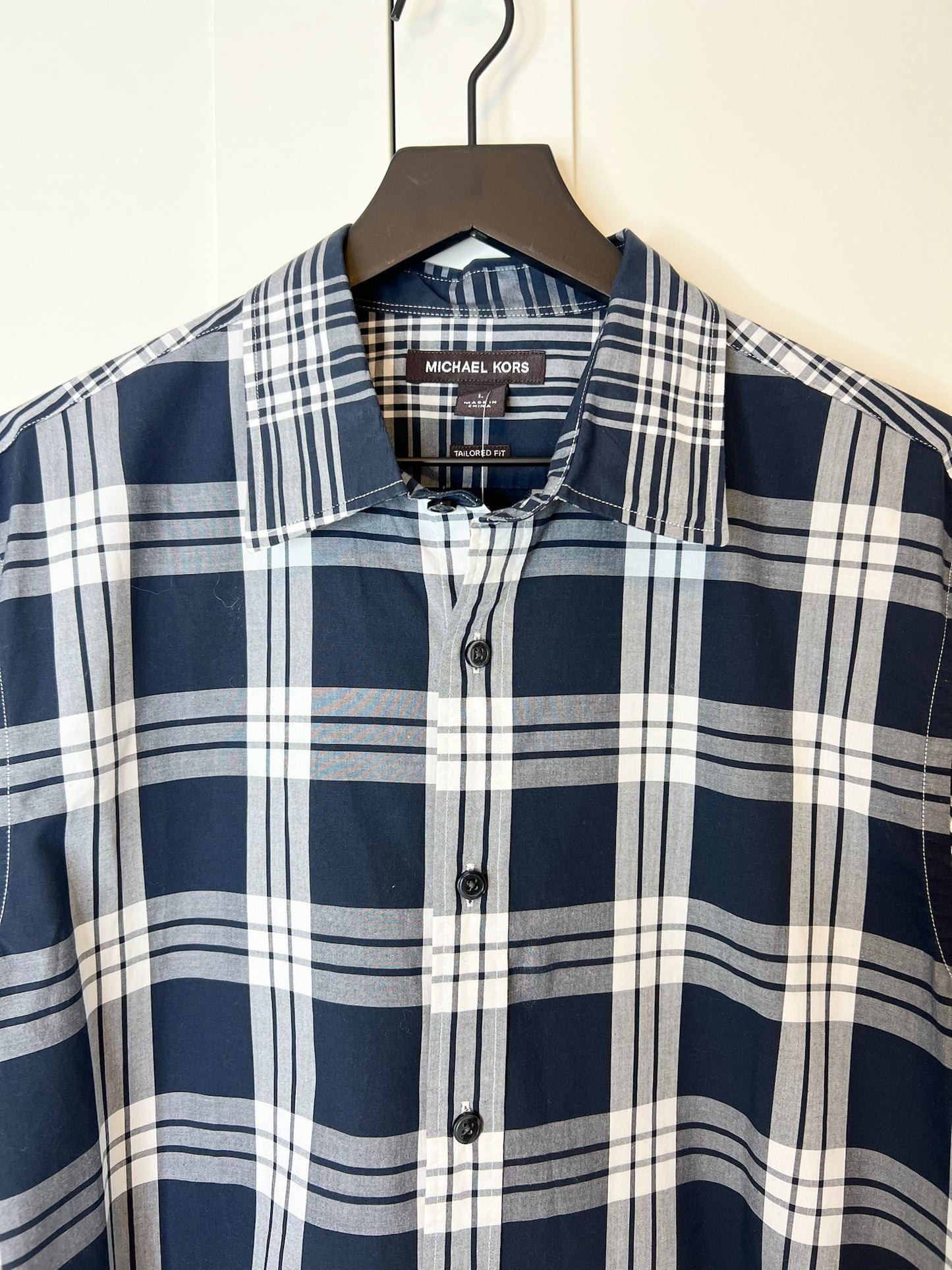 Michael Kors Plaid Navy Blue & White Shirt, Size L