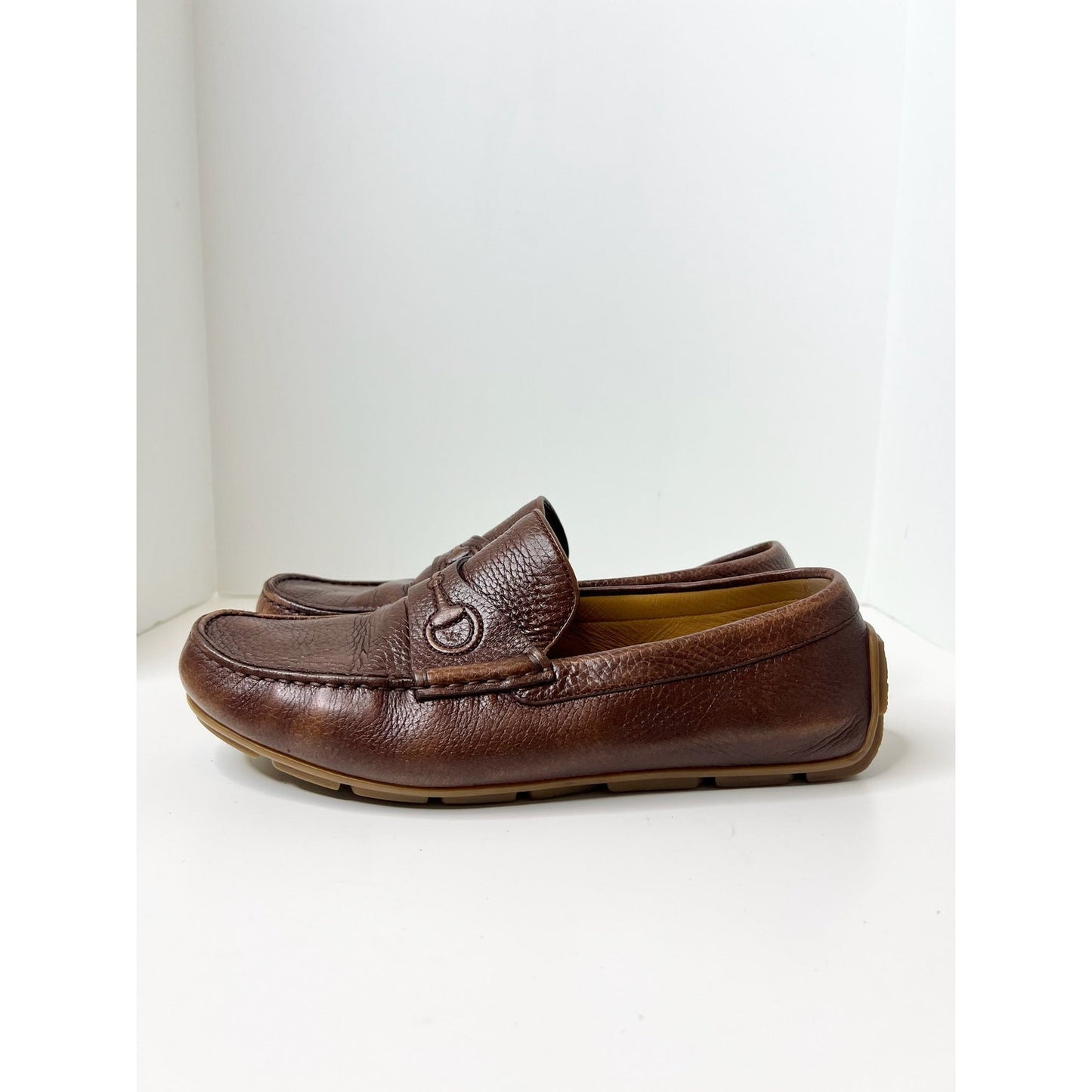 Gucci Brown Leather Driver w/ Embossed Horsebit Logo, Size 6.5